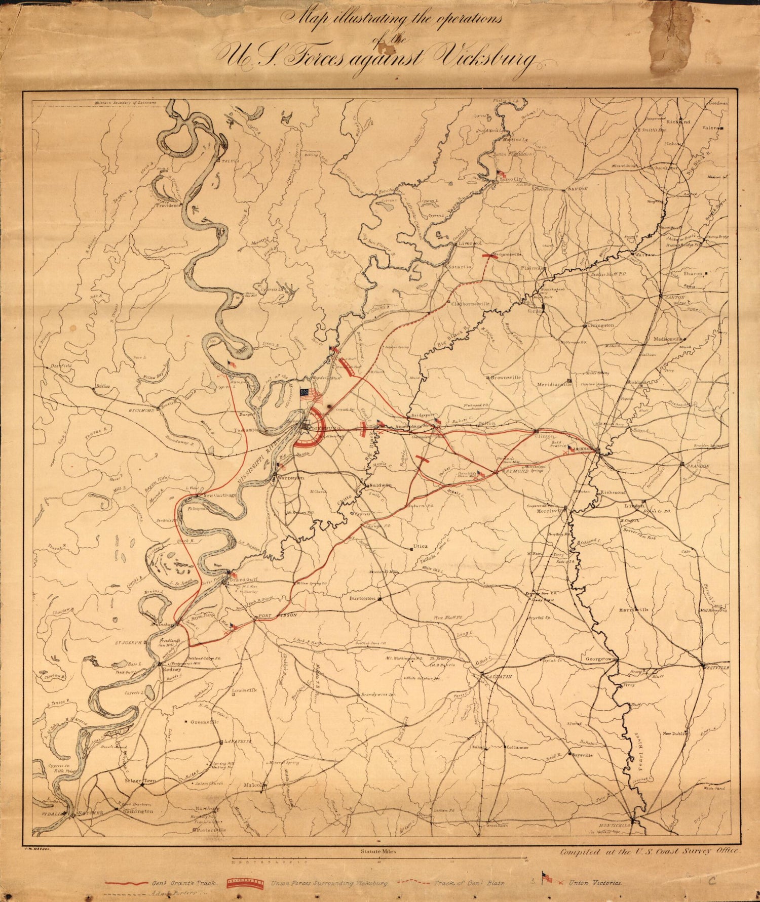 This old map of Map Illustrating the Operations of U.S. Forces Against Vicksburg from 1863 was created by J. W. Maedel,  United States Coast Survey in 1863