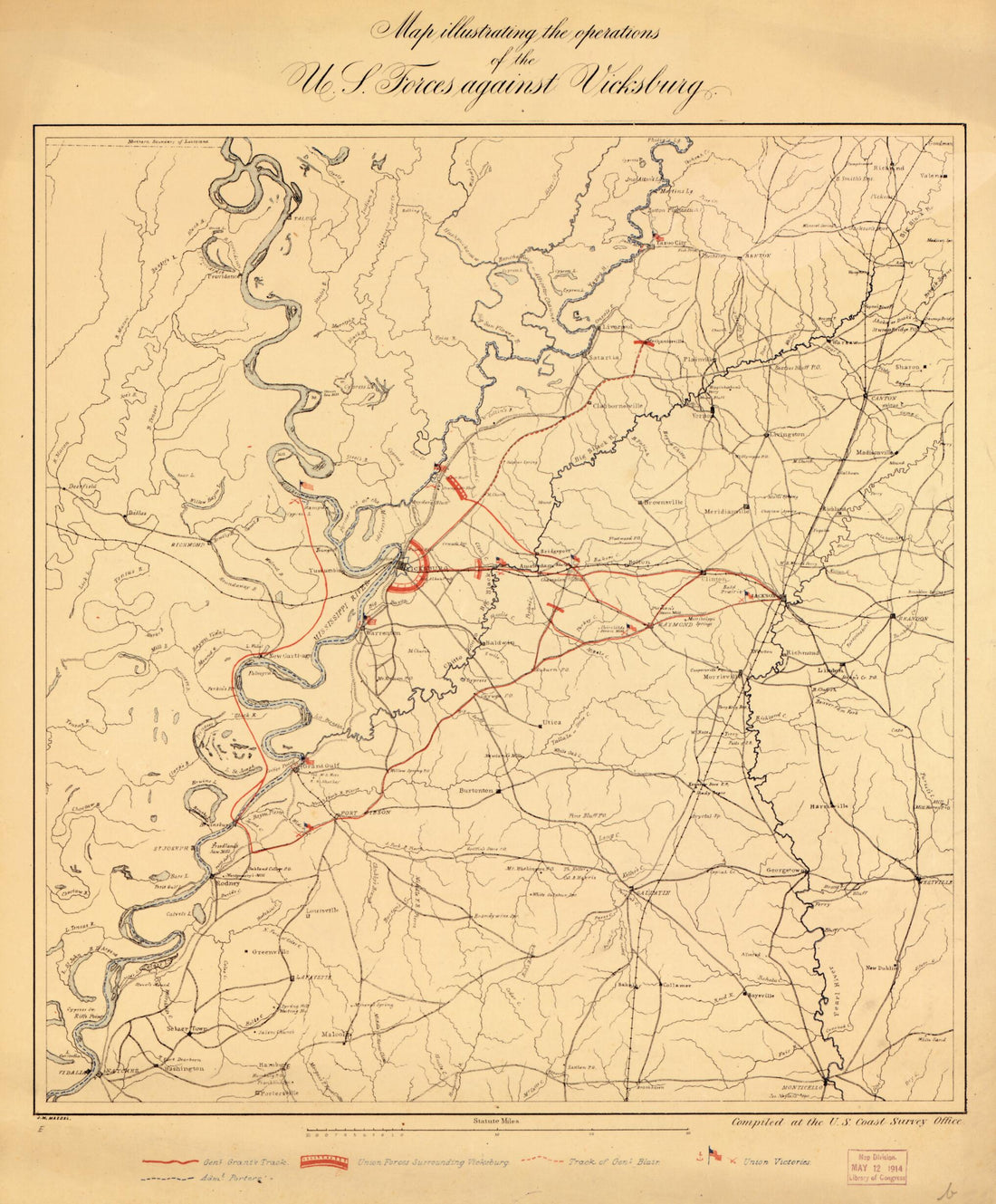 This old map of Map Illustrating the Operations of U.S. Forces Against Vicksburg from 1863 was created by J. W. Maedel,  United States Coast Survey in 1863