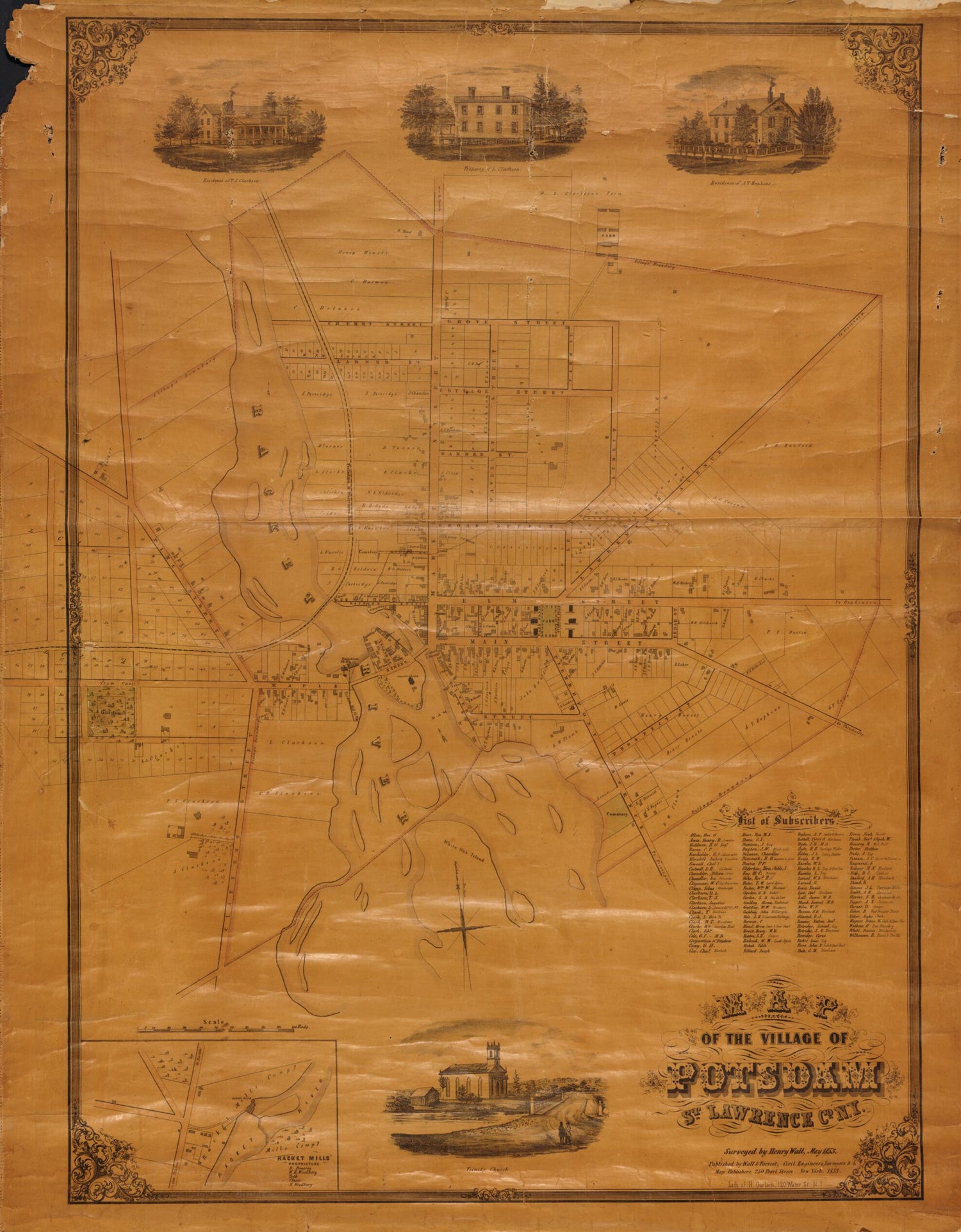 This old map of Map of the Village of Potsdam, St. Lawrence Co. New York from 1853 was created by  Wall &amp; Forrest, Henry Wall in 1853