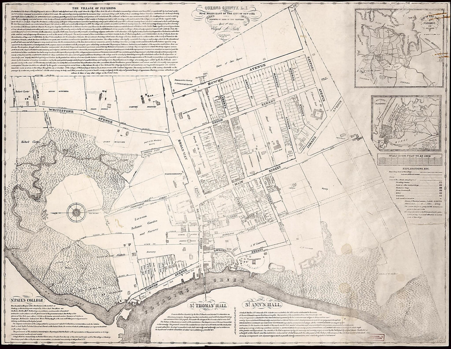 This old map of The Village of Flushing, Queens County, L.I. : Nine Miles East of the City of New York : Lat. 40° 45ʹ 1ʺN, Lon. 73° 09ʹ 58ʺW from 1841 was created by  G. Hayward Lith, Elijah A. Smith in 1841