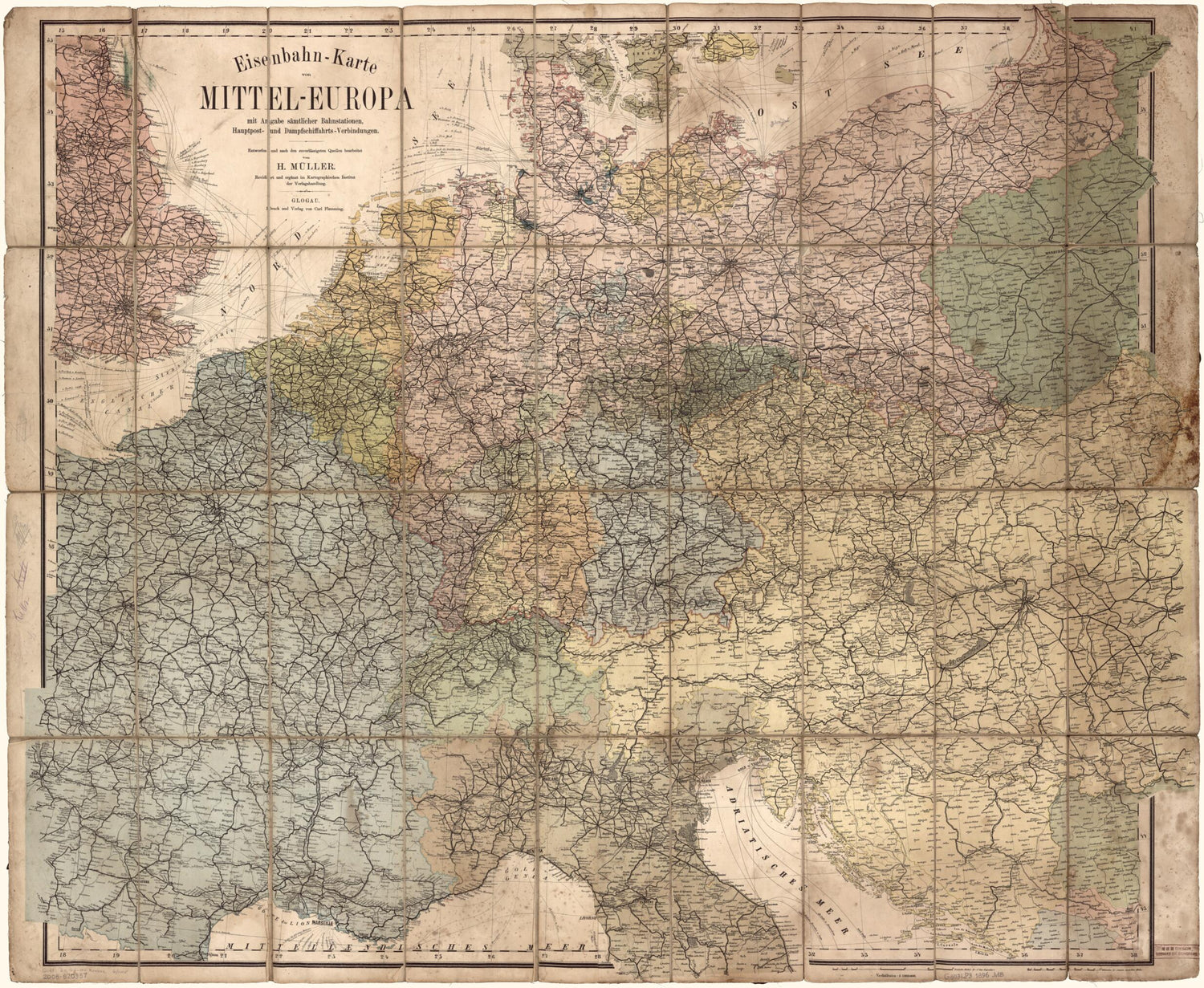 This old map of Karte Von Mittel-Europa : Mit Angabe Sämtlicher Bahnstationen, Hauptpost- Und Dampfschiffahrts-Verbindungen from 1896 was created by  Carl Flemming (Firm),  Kartographisches Institut Der Verlagshandlung, Hermann Müller in 1896