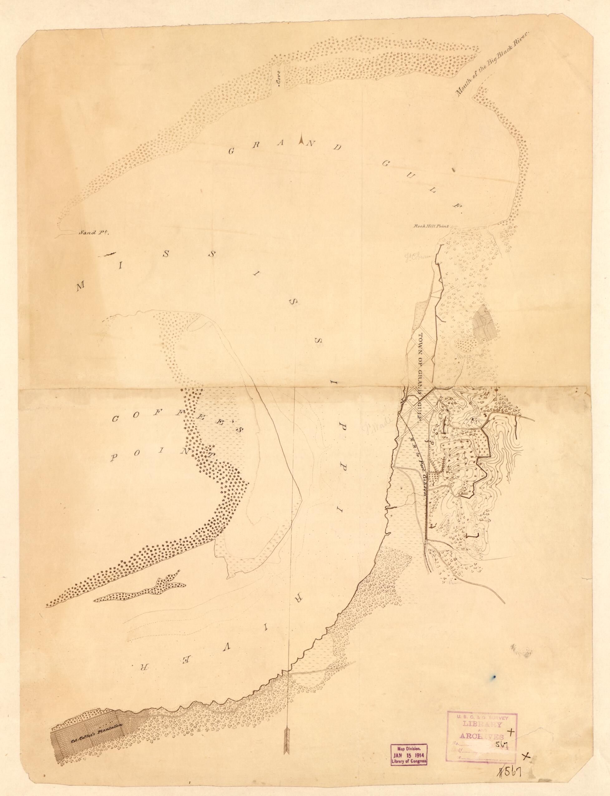 This old map of Approaches to Grand Gulf, Mississippi from 1864 was created by F. H. Gerdes in 1864
