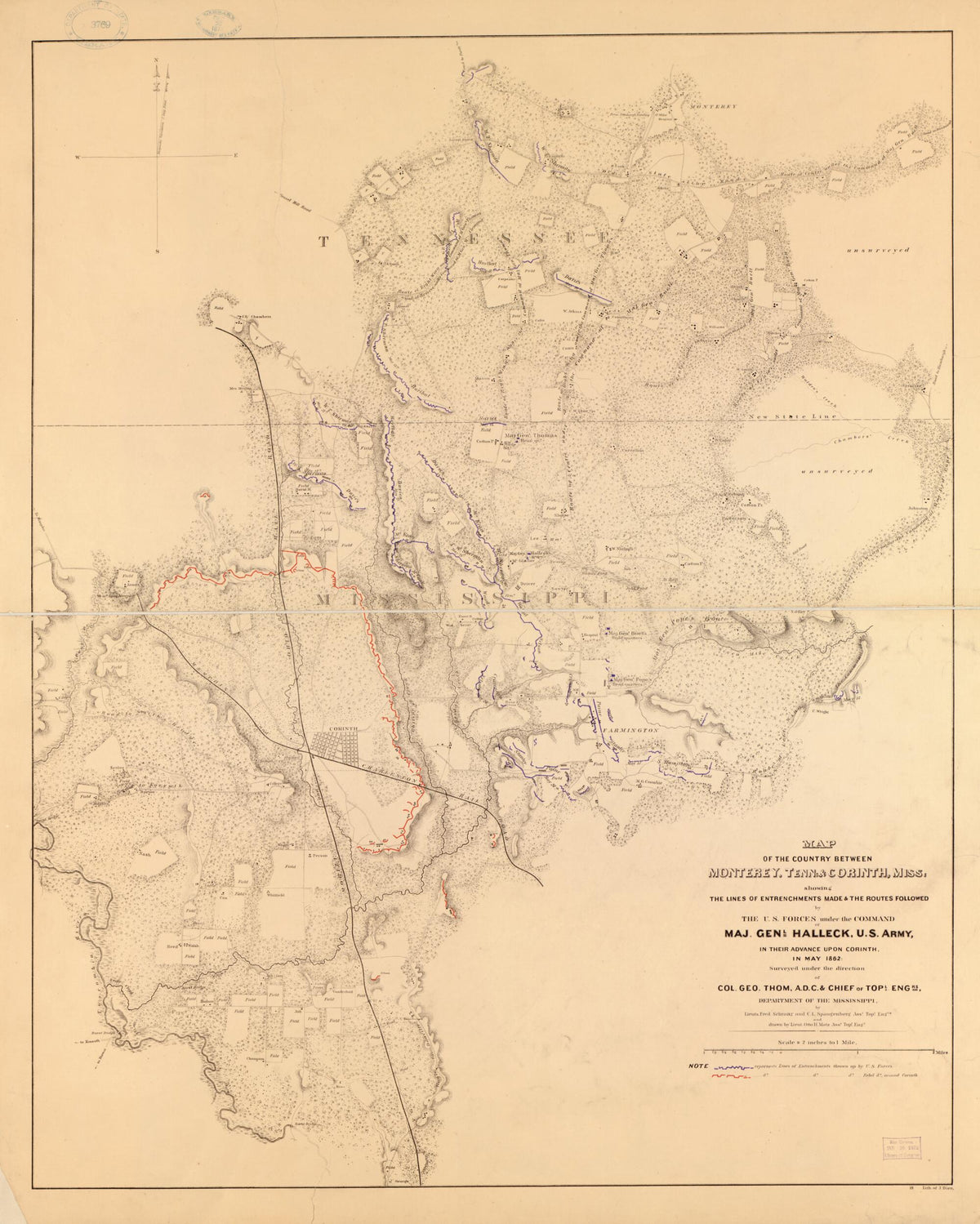 Map of the Country Between Monterey, Tenn: &amp; Corinth, Miss: Showing the Lines of Entrenchments Made &amp; the Routes Followed by the U.S. Forces Under the Command of Maj. Genl. Halleck, U.S. Army, In Their Advance Upon Corinth In May in 1862: by Relic Map Company