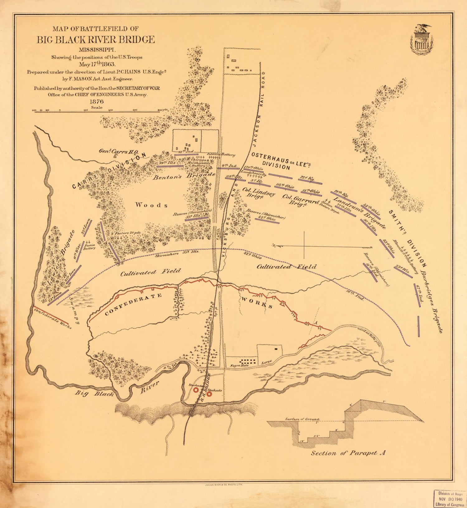 This old map of Map of Battlefield of Big Black River Bridge, Mississippi, Showing the Positions of the U.S. Troops, May 17th 1863 from 1876 was created by F. Mason,  United States Army. Office of the Chief of Engineers in 1876