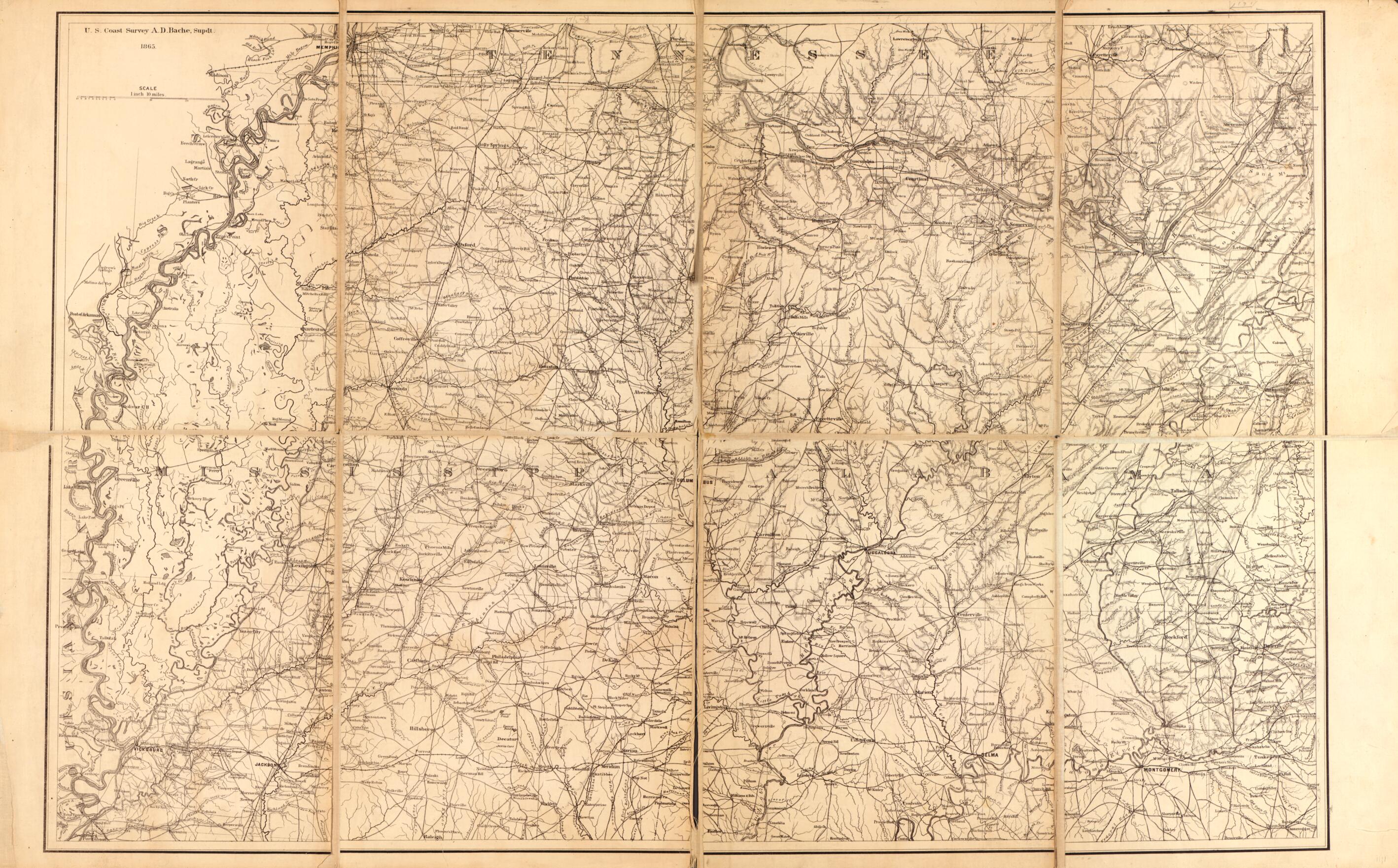 This old map of Northern Mississippi and Alabama from 1865 was created by A. Lindenkohl,  United States Coast Survey in 1865