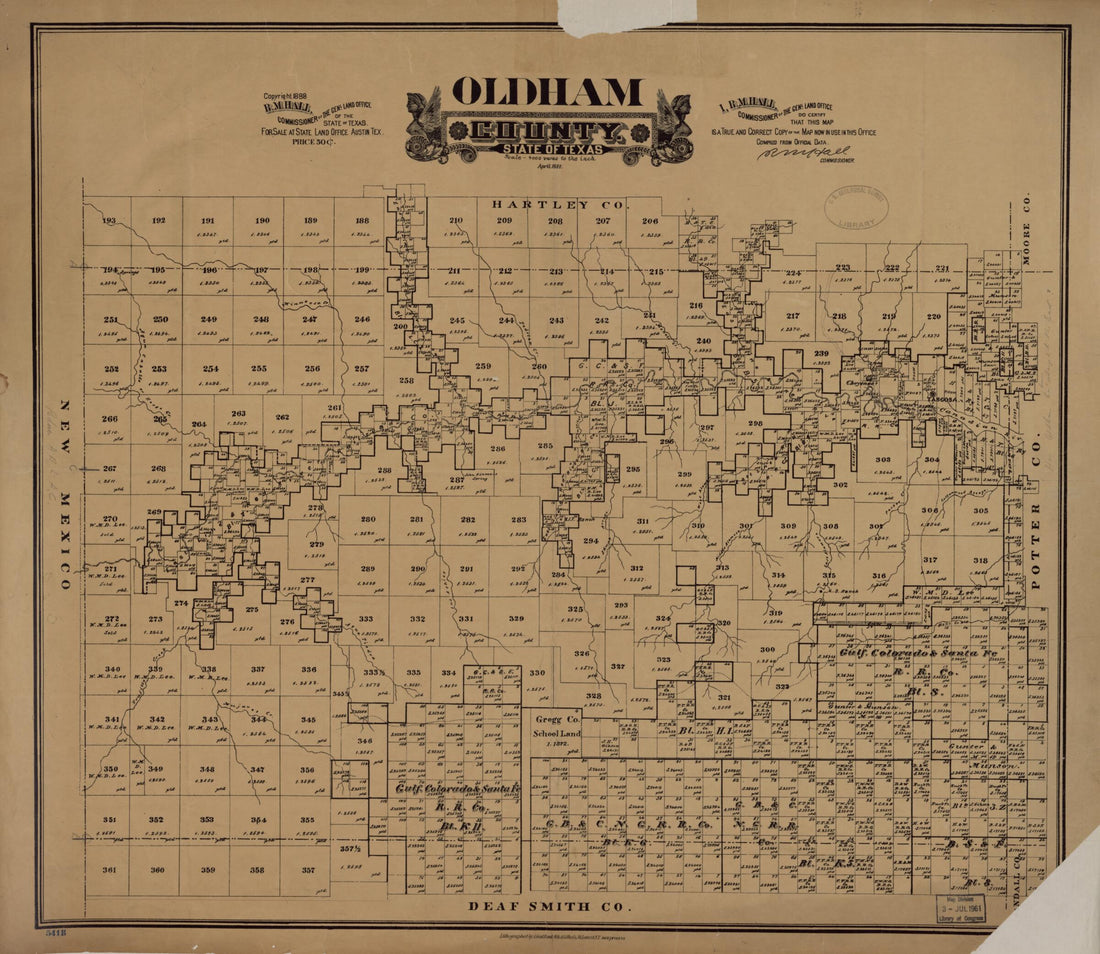 This old map of Oldham County, State of Texas from 1888 was created by  in 1888