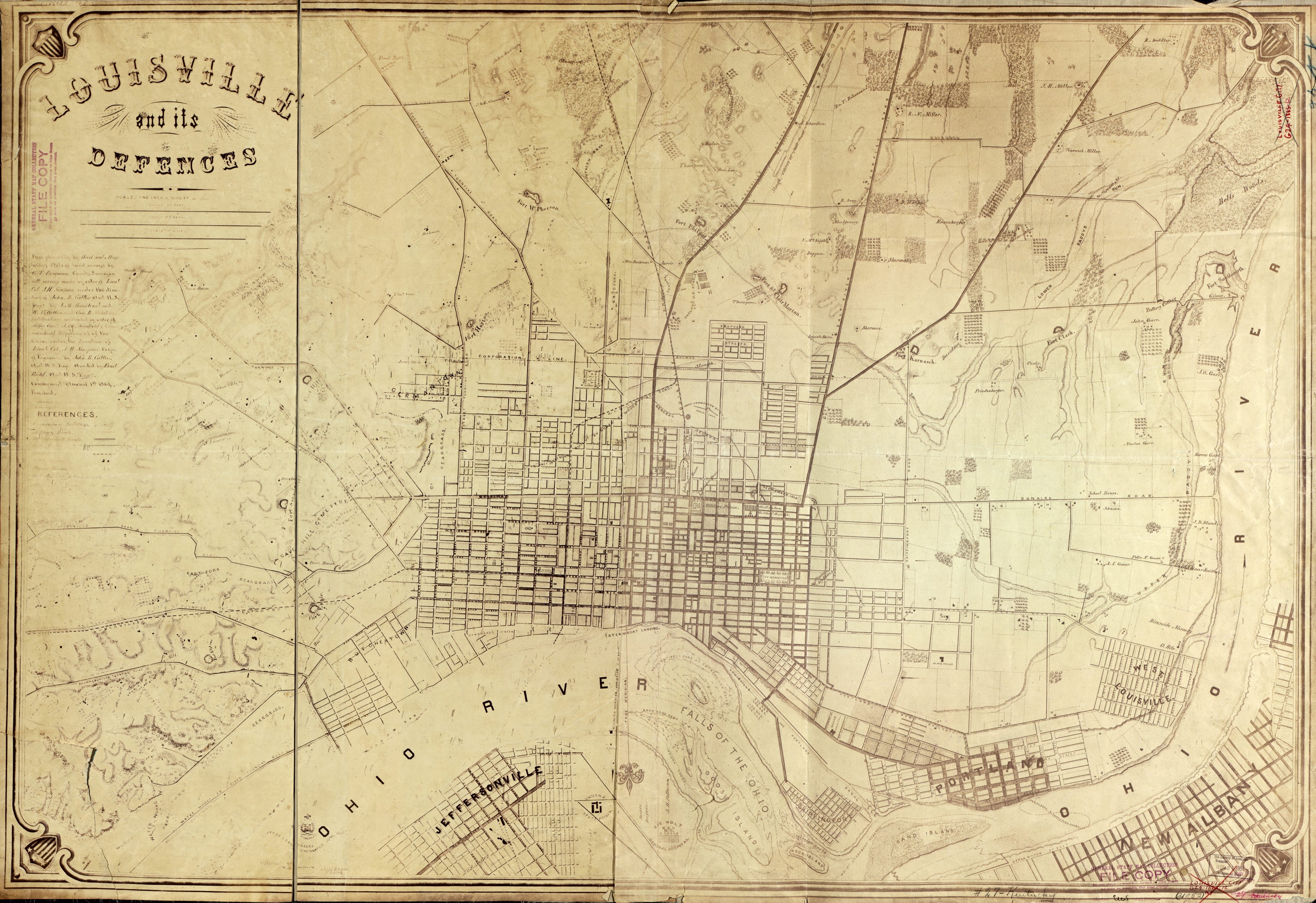 This old map of Louisville and Its Defences from 1865 was created by Rob. G. Phillips in 1865