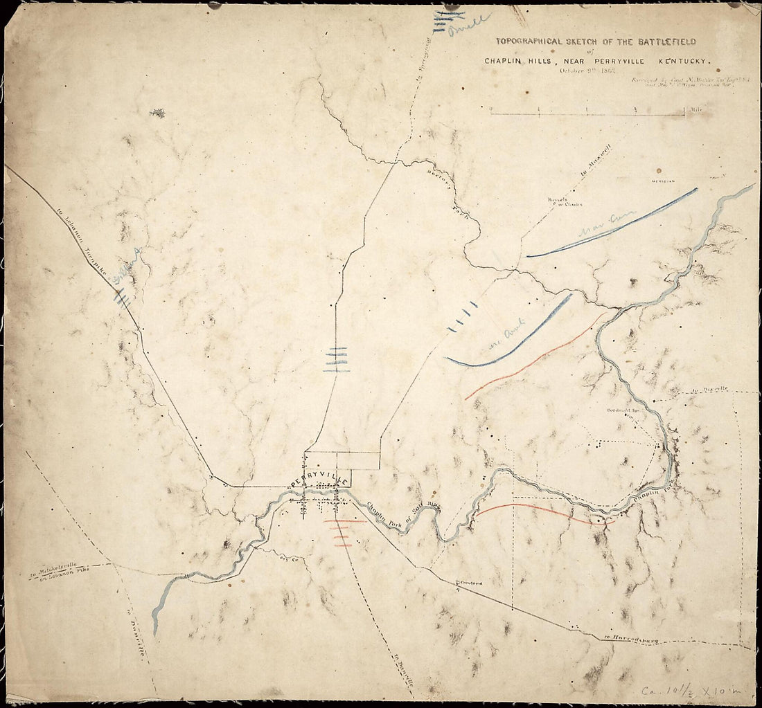 This old map of Topographical Sketch of the Battlefield of Chaplin Hills, Near Perryville, Kentucky. October 9th, from 1862 was created by N. (Nathaniel) Michler, J. E. Weyss in 1862