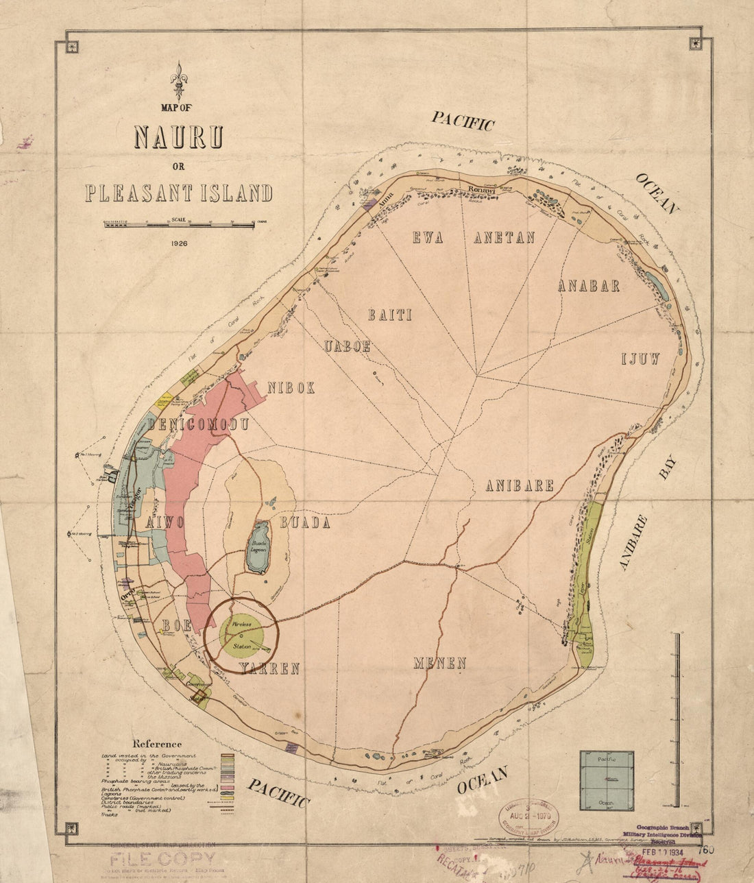 This old map of Map of Nauru Or Pleasant Island from 1926 was created by J. D. Hutchison in 1926