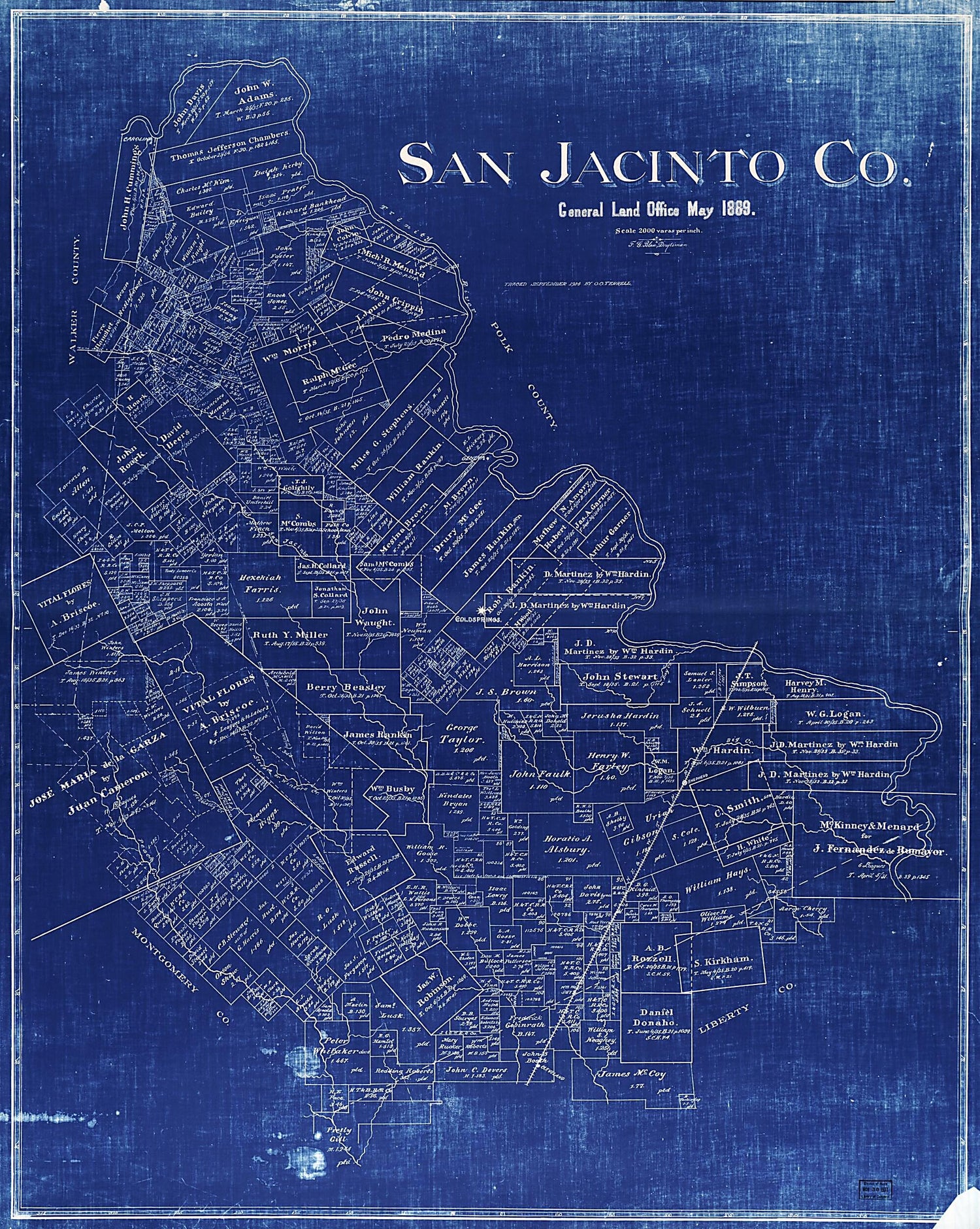 This old map of San Jacinto Co from 1914 was created by F. G. Blau in 1914