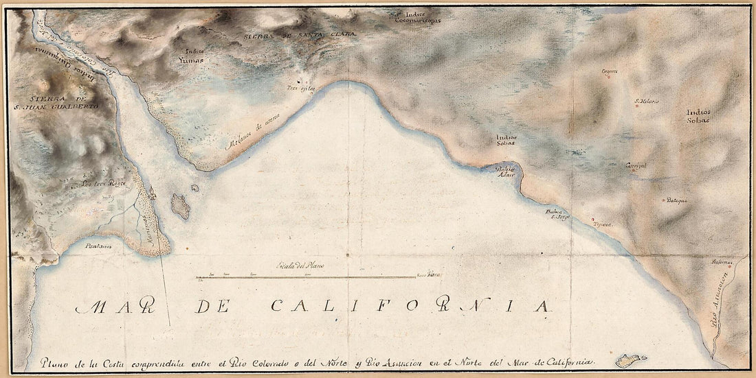 This old map of Plano De La Costa Comprendida Entre El Rio Colorado O Del Norte Y Rio Asunción En El Norte Del Mar De California from 1770 was created by  in 1770