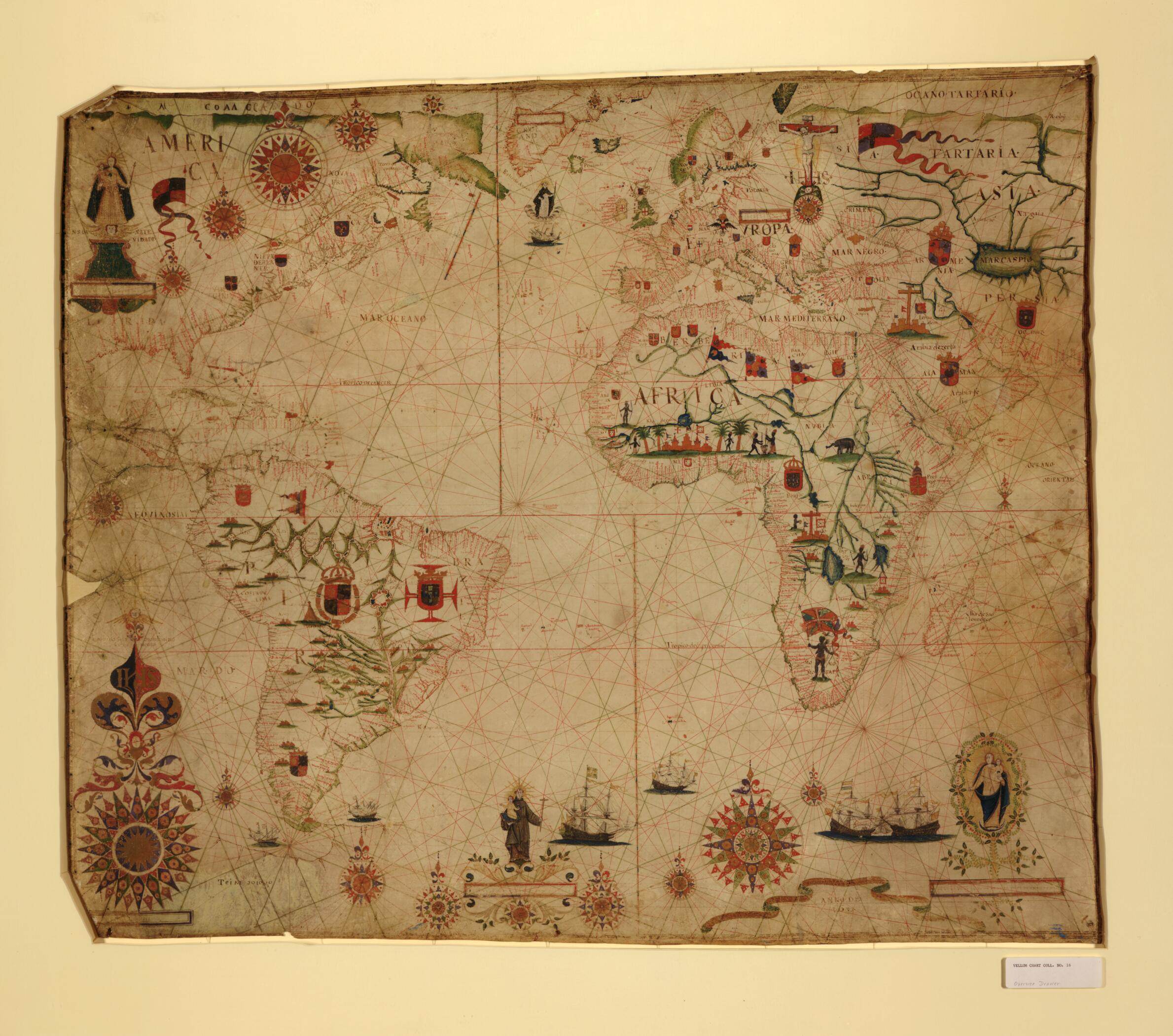 This old map of A Portolan Chart of the Atlantic Ocean and Adjacent Continents from 1633 was created by Pascoal Roiz in 1633