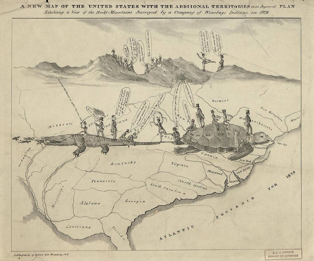 This old map of A New Map of the United States With the Additional Territories : On an Improved Plan, Exhibiting a View of the Rocky Mountains Surveyed by a Company of Winebago i.e. Winnebago Indians In from 1828 was created by Anthony Imbert in 1828