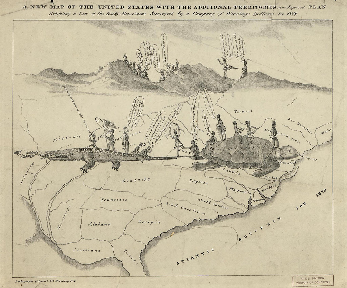 A New Map of the United States With the Additional Territories : On an Improved Plan, Exhibiting a View of the Rocky Mountains Surveyed by a Company of Winebago i.e. Winnebago Indians In 1828 by Relic Map Company