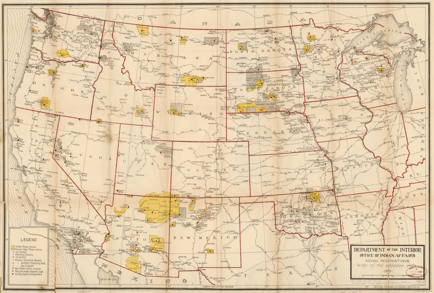 This old map of Indian Reservations West of the Mississippi River from 1923 was created by  Geological Survey (U.S.),  United States. Office of Indian Affairs in 1923