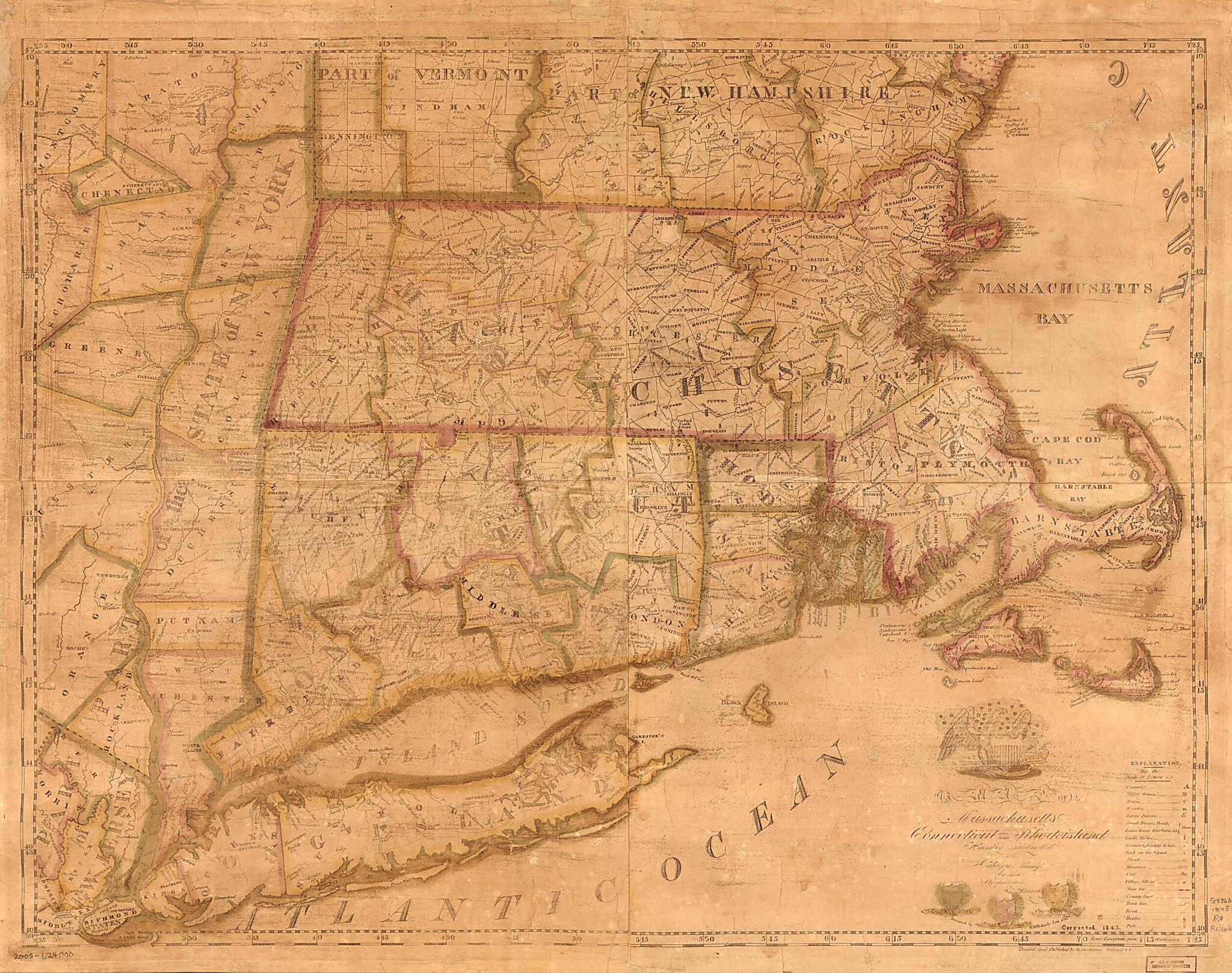 This old map of Map of Massachusetts, Connecticut, and Rhodeisland i.e. Rhode Island from 1843 was created by E. (Ebenezer) Hutchinson, M. M. (Moody Morse) Peabody, Edward Ruggles in 1843