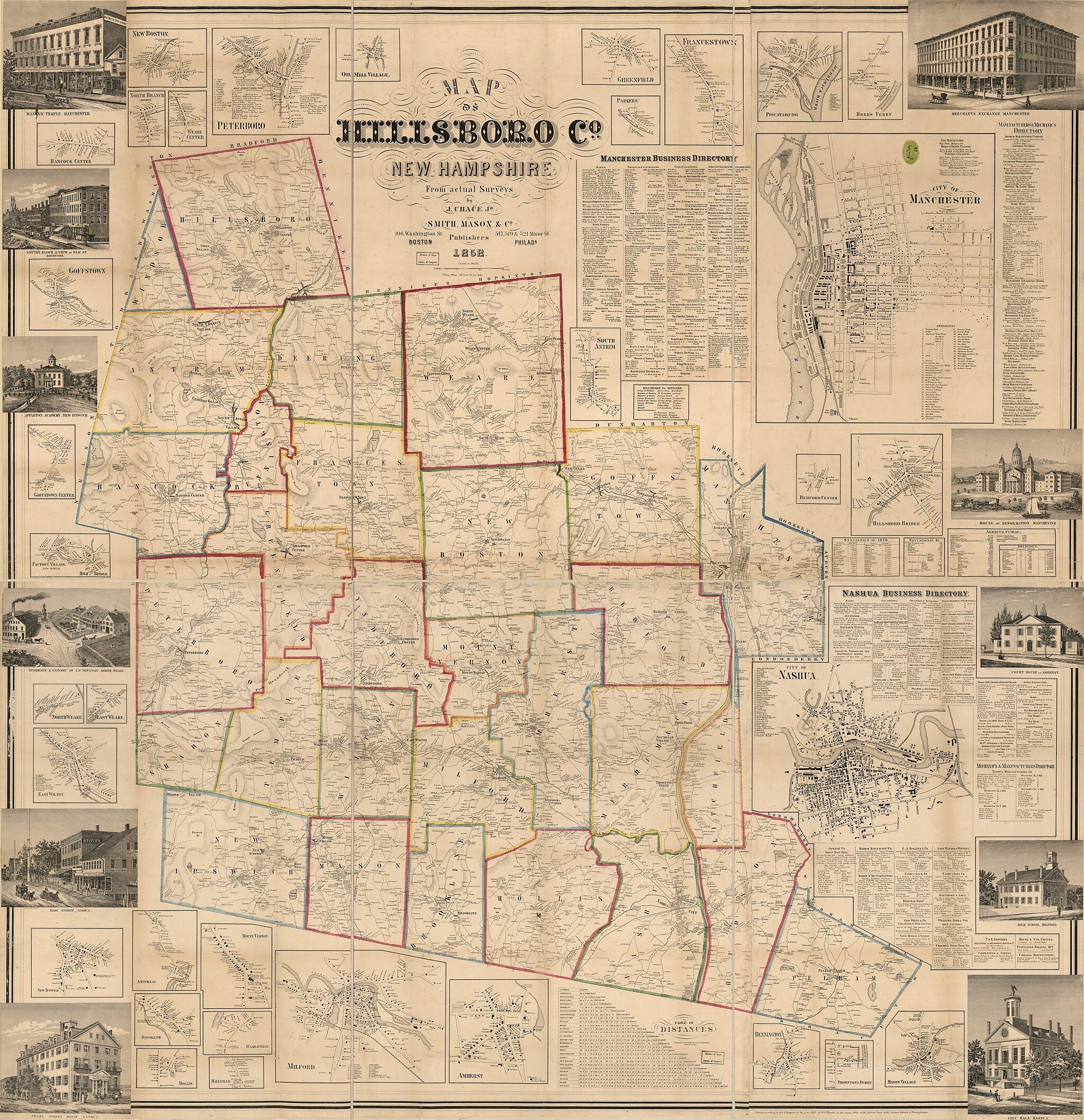 This old map of Map of Hillsboro County, New Hampshire (Map of Hillsboro County, New Hampshire) from 1858 was created by J. Chace, Mason &amp; Co Smith in 1858