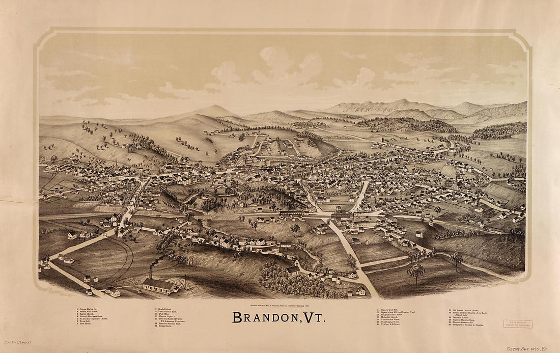 This old map of Brandon, Vermont from 1890 was created by L. R. (Lucien R.) Burleigh in 1890