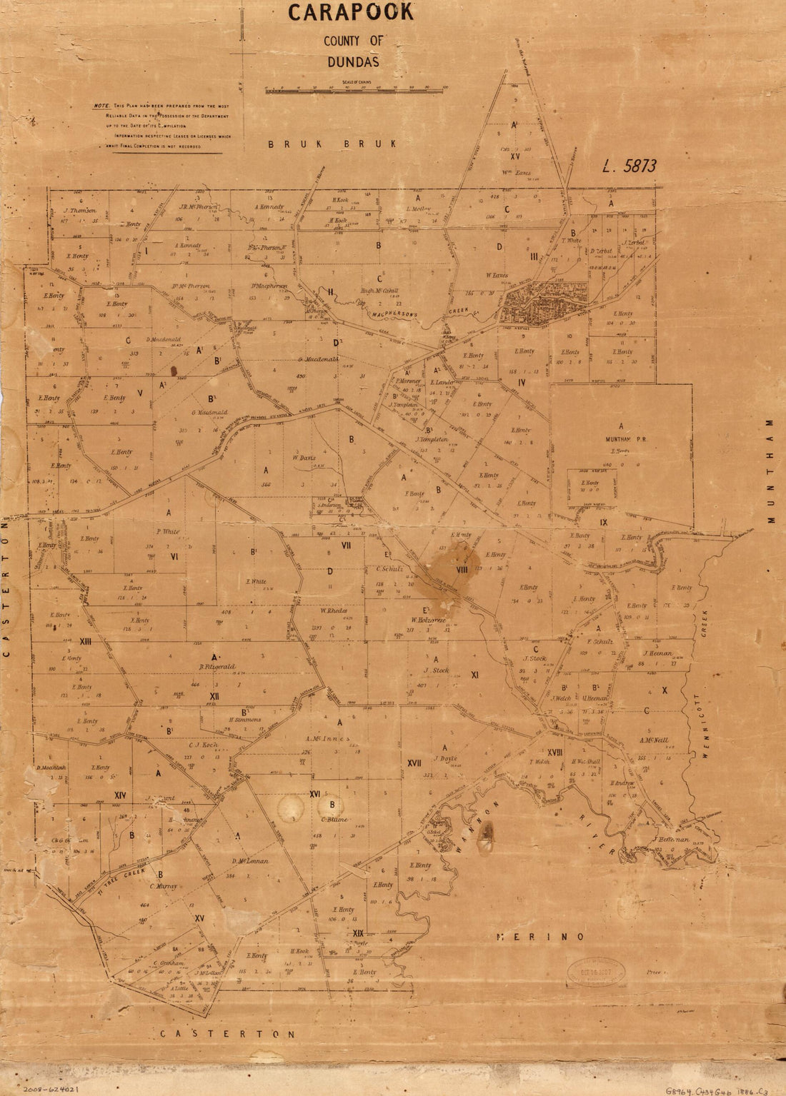 This old map of Carapook, County of Dundas : located In State of Victoria from 1886 was created by  in 1886