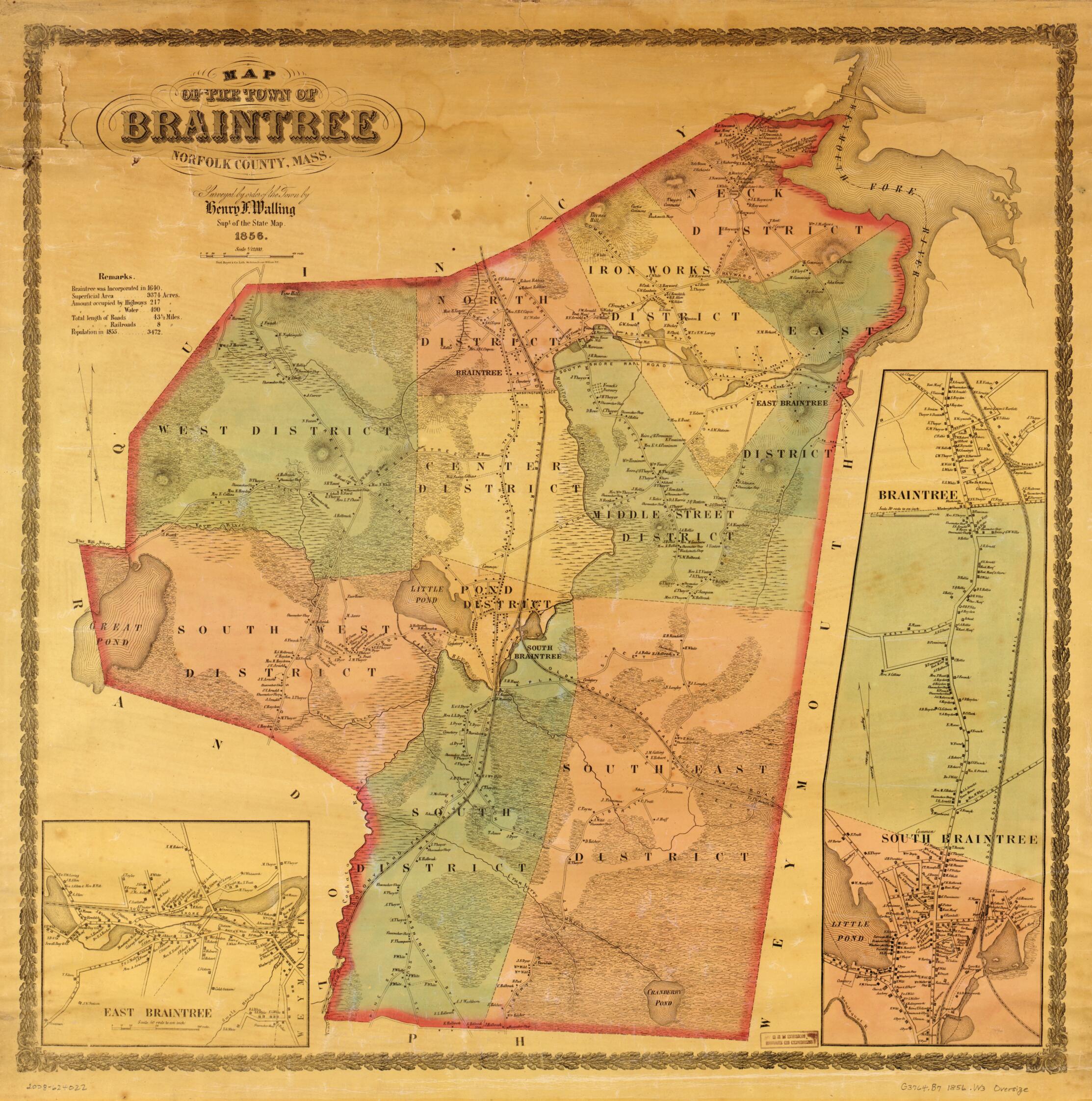 This old map of Map of the Town of Braintree, Norfolk County, Massachusetts from 1856 was created by  Ferd. Mayer &amp; Co, Henry Francis Walling in 1856