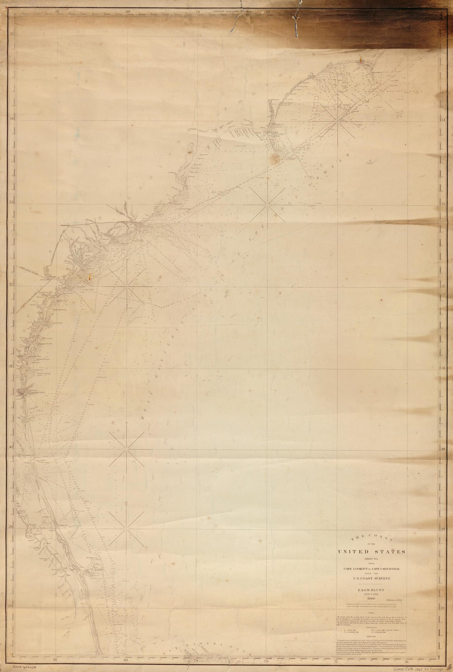 This old map of The Coast of the United States : Sheet No. 2 from Cape Lookout to Cape Carnaveral i.e. Canaveral from the U.S. Coast Surveys. (South Coast of U.S., Cape Hatteras to Cape Carnaveral i.e. Canaveral) from 1865 was created by  E. &amp; G.W. Blunt