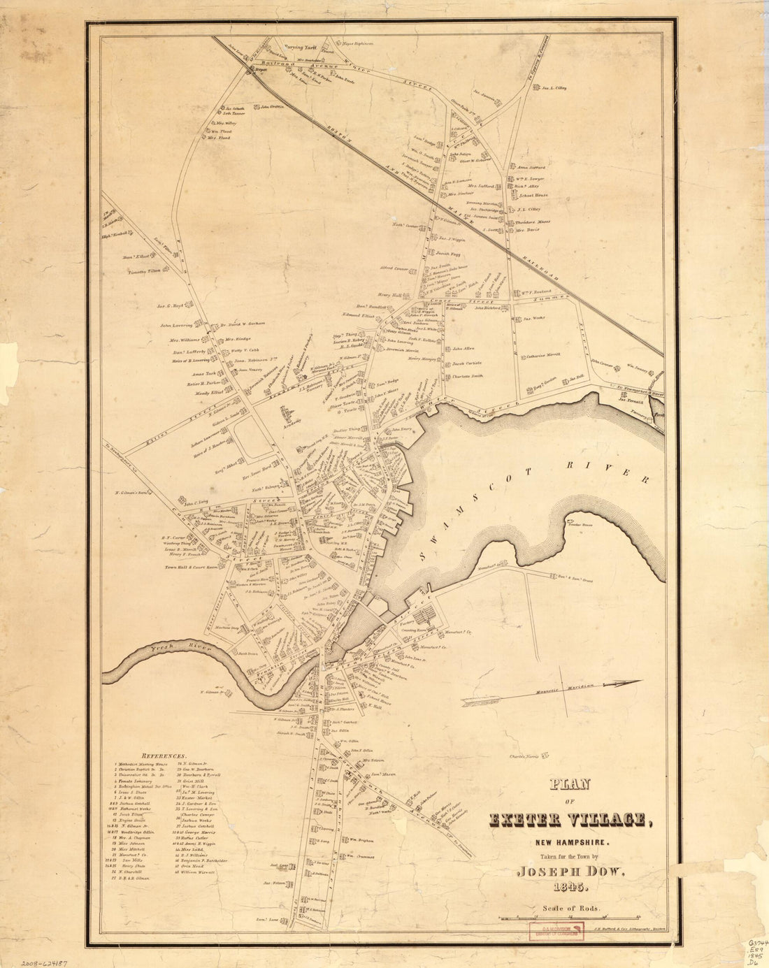 This old map of Plan of Exeter Village, New Hampshire from 1845 was created by Joseph Dow,  J.H. Bufford &amp; Co in 1845