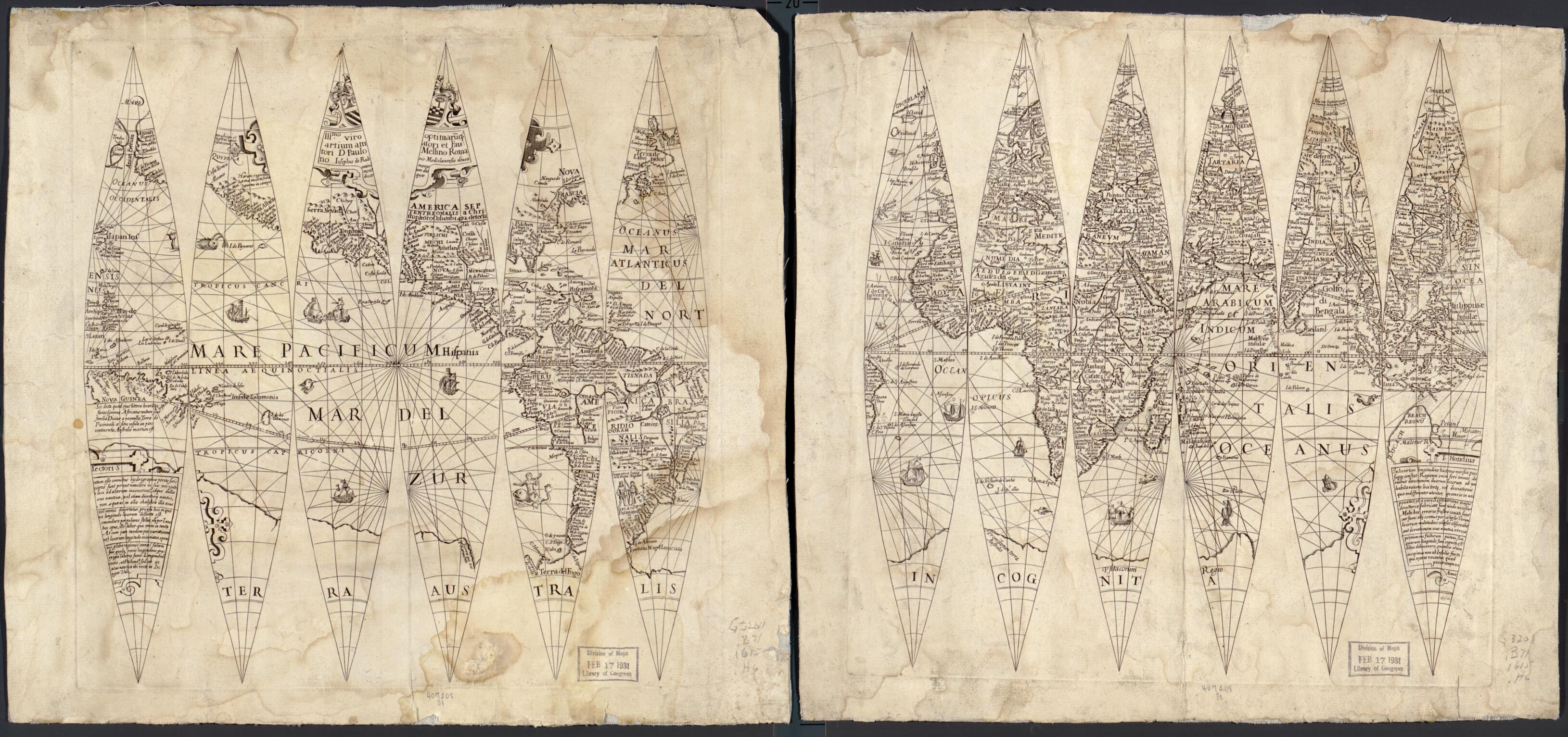 This old map of Terrestrial Globe Gores from 1615 was created by Jodocus Hondius, Giuseppe DI Rossi in 1615