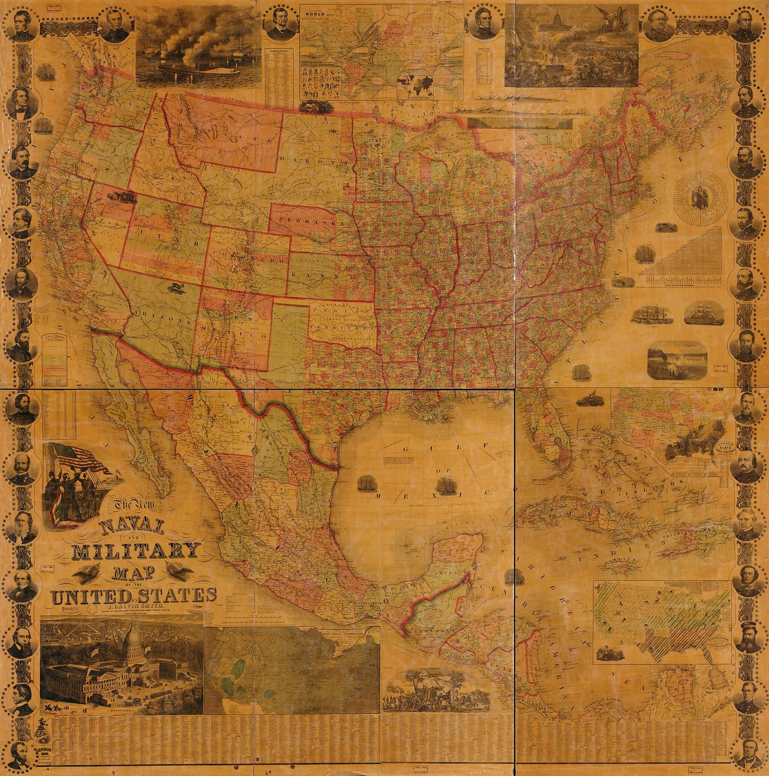 This old map of The New Naval and Military Map of the United States from 1862 was created by J. Calvin (John Calvin) Smith in 1862