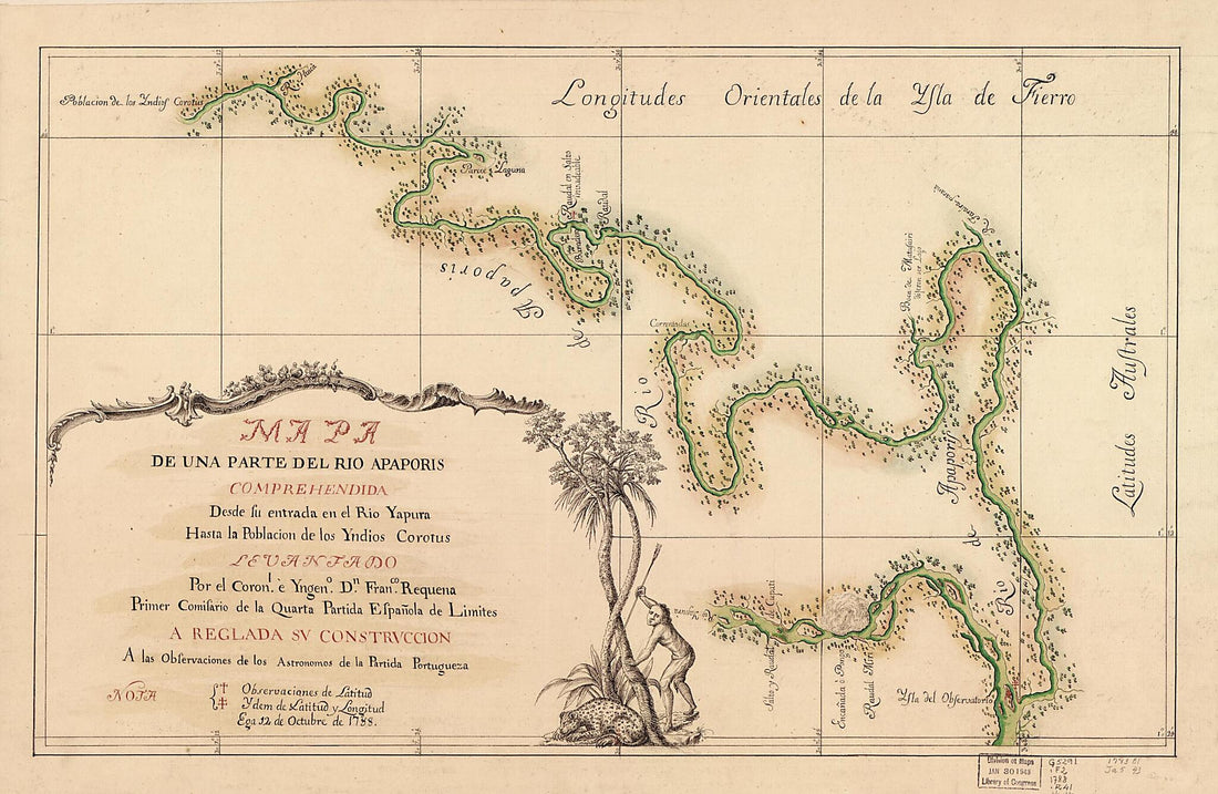 This old map of Mapa De Una Parte Del Rio Apaporis : Comprehendida Desde Su Entrada En El Rio Yapura Hasta La Población De Los Yndios Corotus from 1788 was created by Francisco Requena in 1788