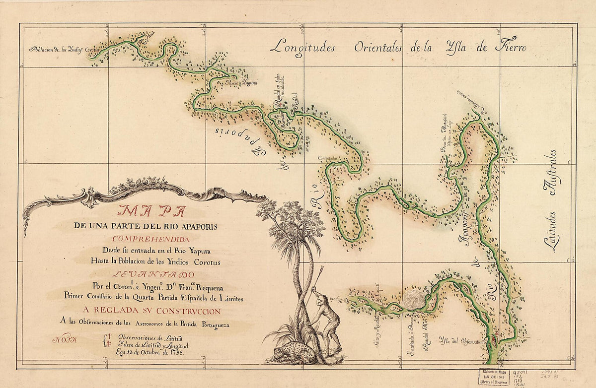 Mapa De Una Parte Del Rio Apaporis : Comprehendida Desde Su Entrada En El Rio Yapura Hasta La Población De Los Yndios Corotus 1788 by Relic Map Company