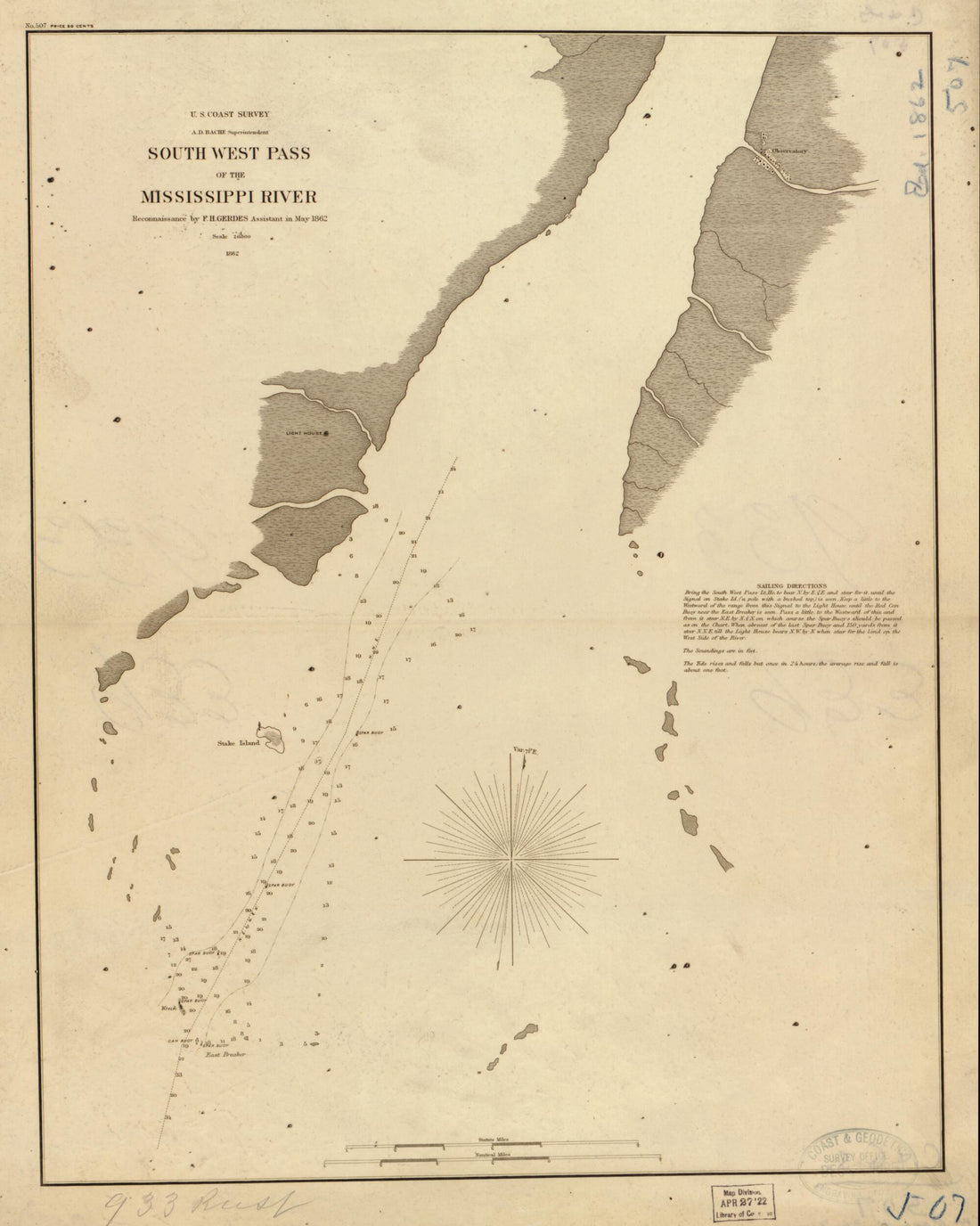 This old map of South West Pass of the Mississippi River from 1862 was created by A. D. (Alexander Dallas) Bache, F. H. Gerdes,  United States Coast Survey in 1862