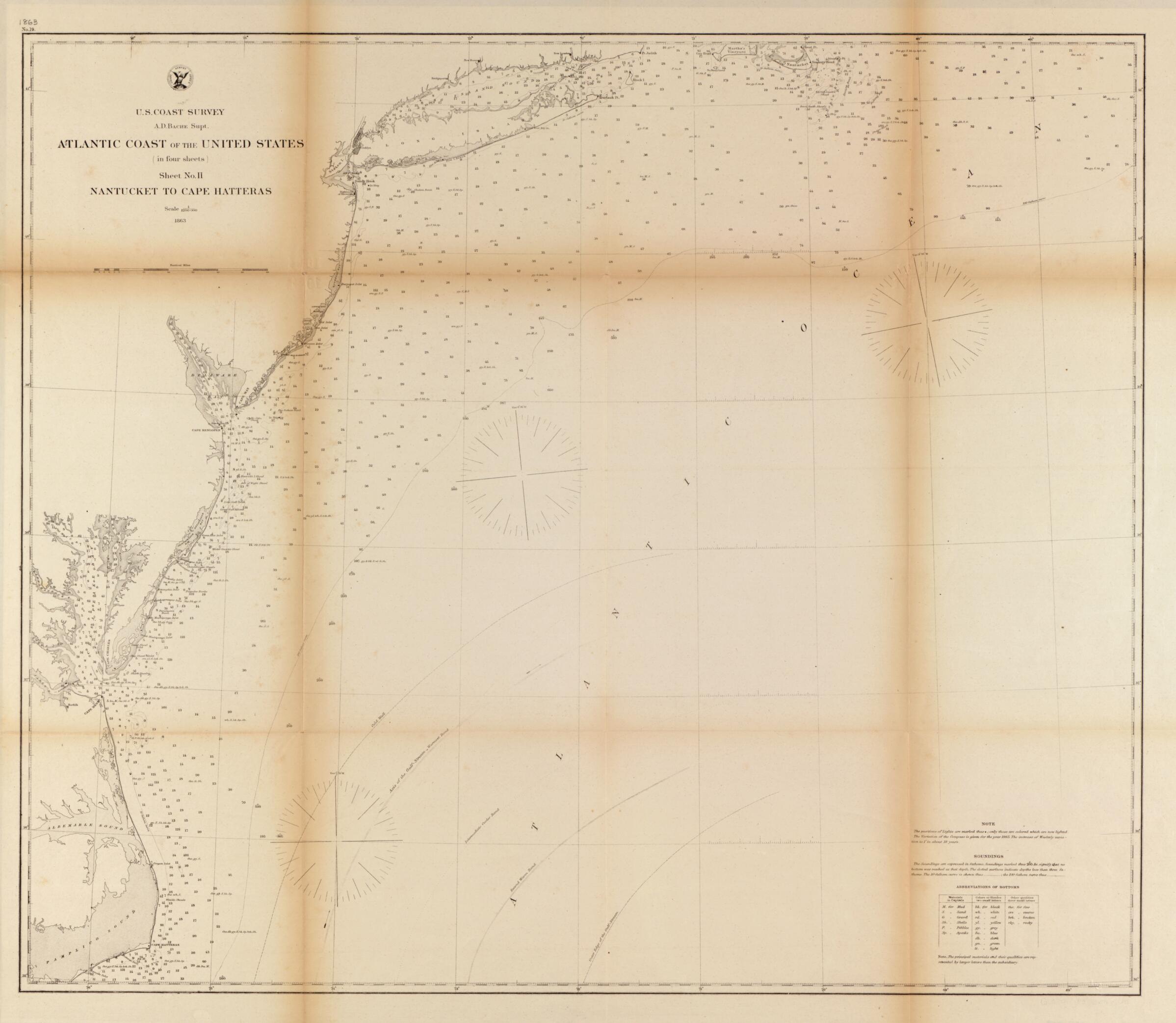 This old map of Atlantic Coast of the United States (in Four Sheets) : Sheet No. II, Nantucket to Cape Hatteras from 1863 was created by A. D. (Alexander Dallas) Bache,  United States Coast Survey in 1863
