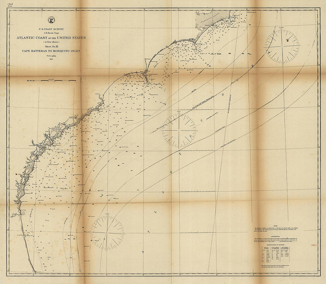 This old map of Atlantic Coast of the United States (in Four Sheets) : Sheet No. III, Cape Hatteras to Mosquito Inlet from 1863 was created by A. D. (Alexander Dallas) Bache,  United States Coast Survey in 1863