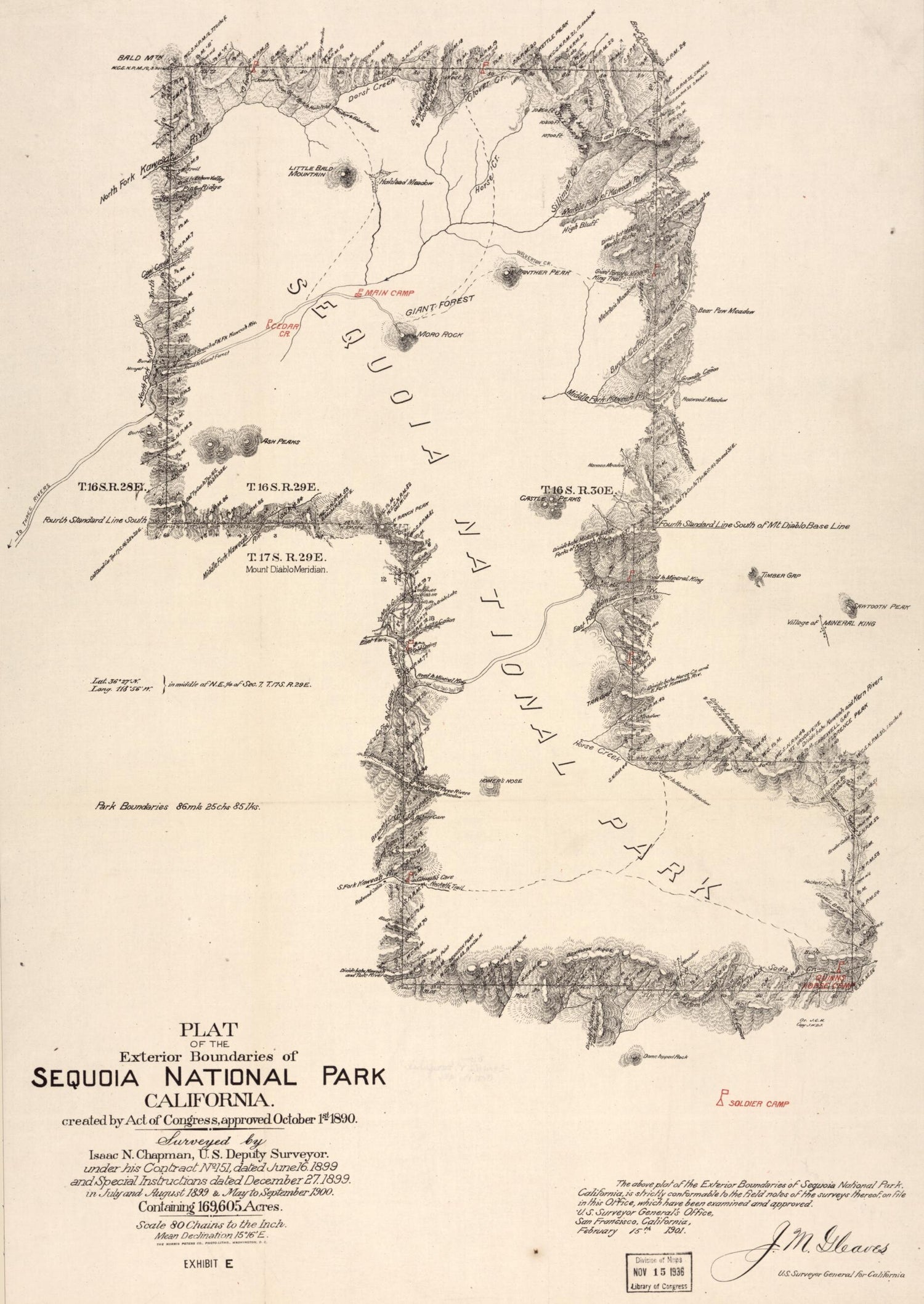 This old map of Plat of the Exterior Boundaries of Sequoia National Park, California : Created by Act of Congress, Approved October 1st, 1890 from 1901 was created by Isaac N. Chapman,  United States. Superintendent of Sequoia and General Grant National 