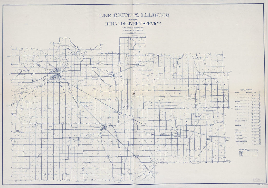 This old map of Lee County, Illinois Showing Rural Delivery Service from 1912 was created by  United States. Post Office Department. Division of Topography in 1912