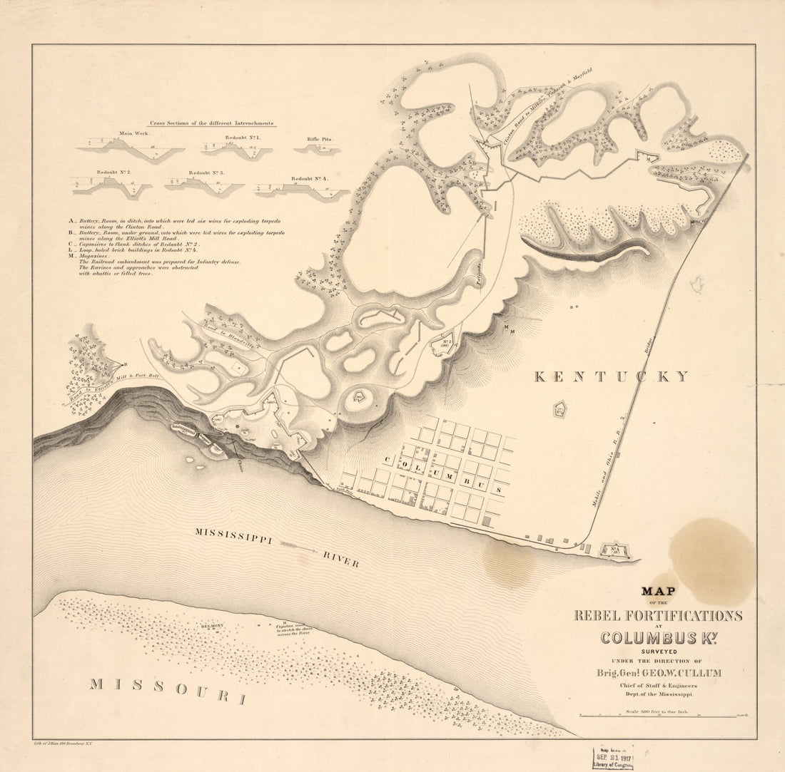 This old map of Map of the Rebel Fortifications at Columbus, Ky from 1862 was created by George W. (George Washington) Cullum in 1862