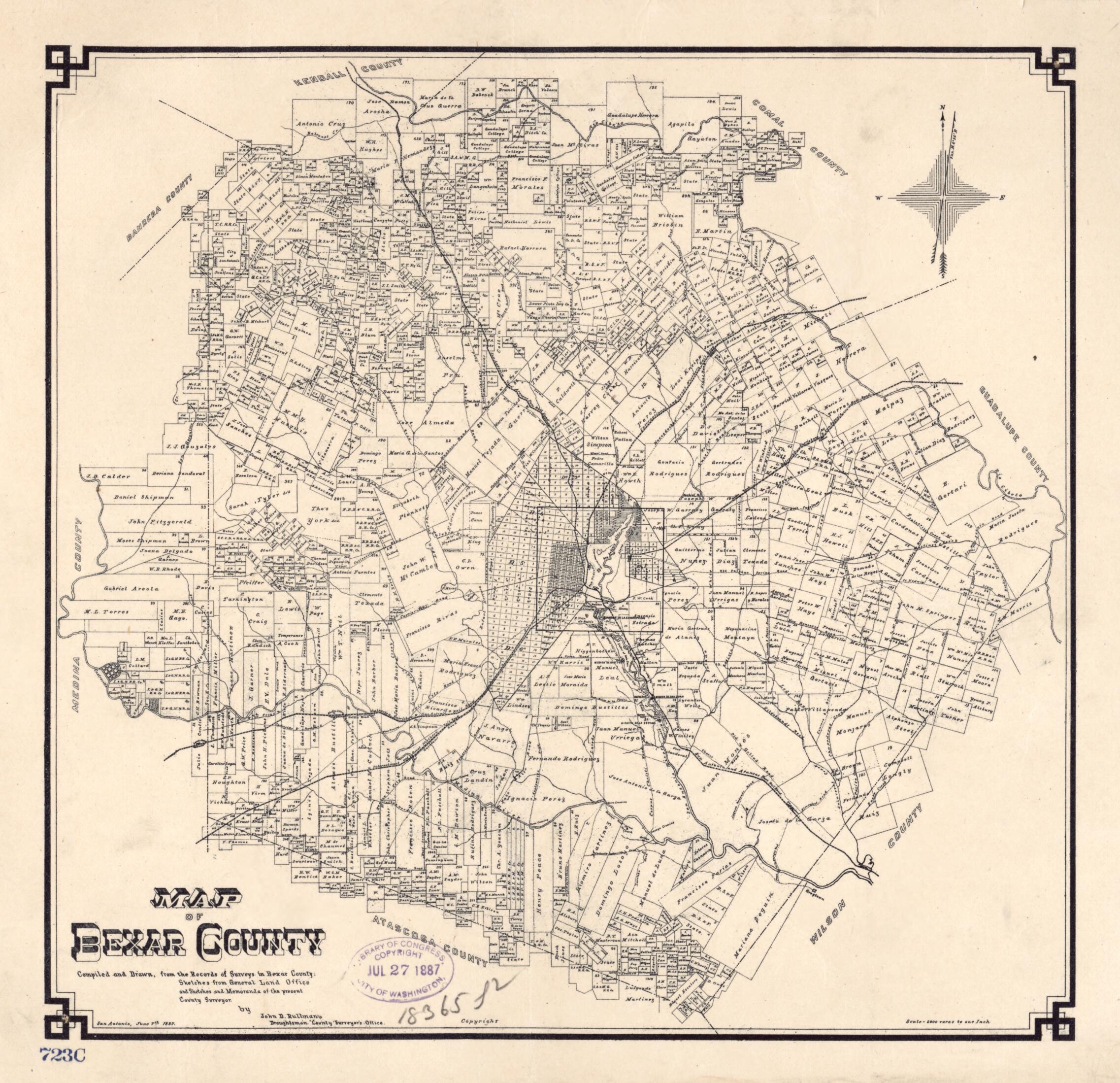 This old map of Map of Bexar County from 1887 was created by John D. Rullmann in 1887