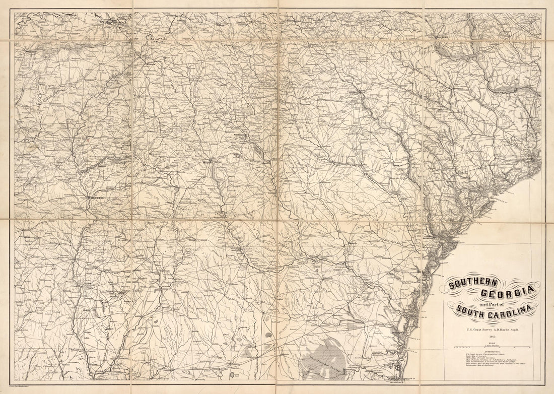 This old map of Southern Georgia and Part of South Carolina from 1865 was created by A. D. (Alexander Dallas) Bache, A. Lindenkohl,  United States Coast Survey in 1865