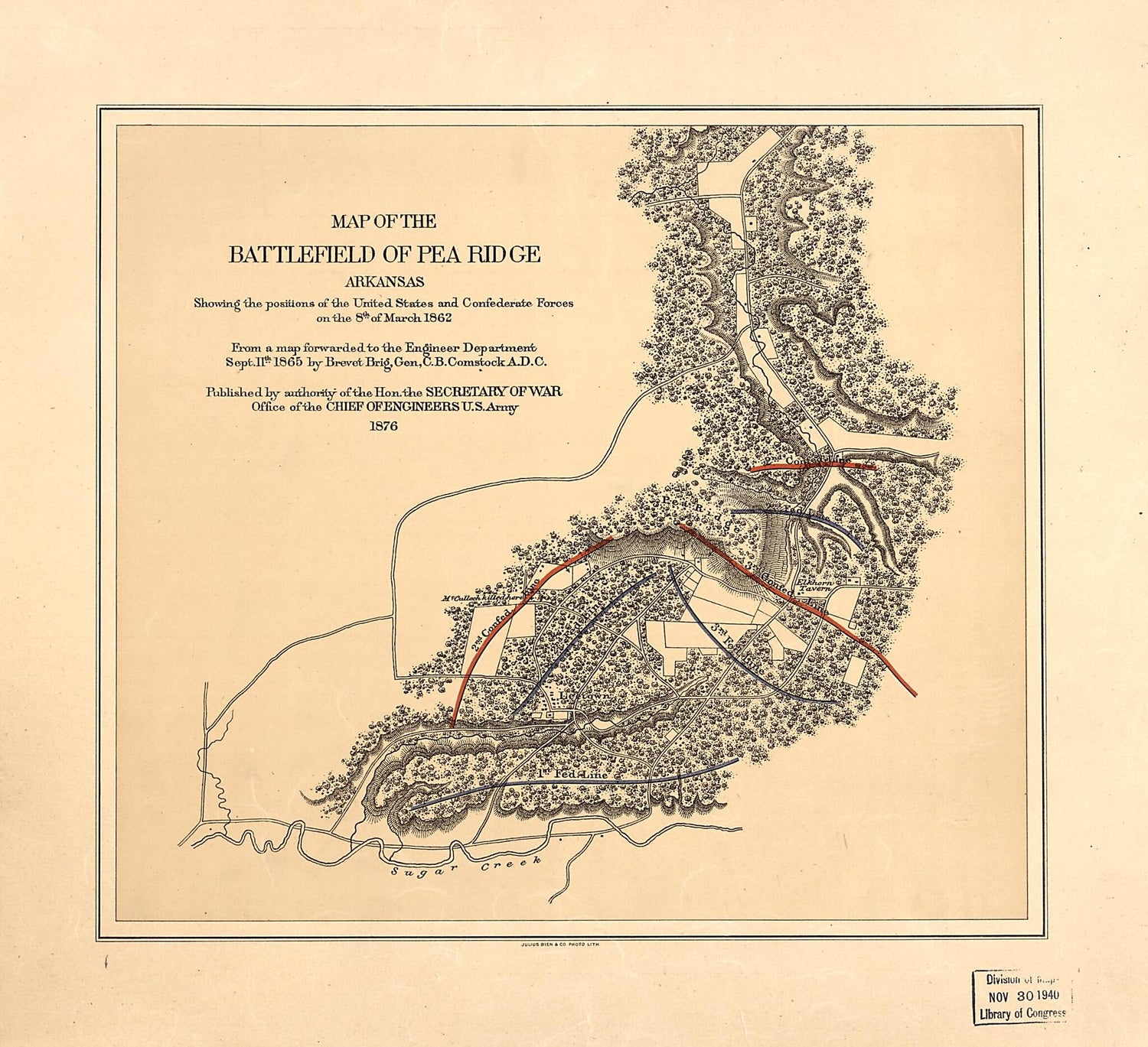 This old map of Map of the Battlefield of Pea Ridge, Arkansas, Showing the Positions of the United States and Confederate Forces On the 8th of March 1862 from 1876 was created by  United States. Army. Corps of Engineers in 1876