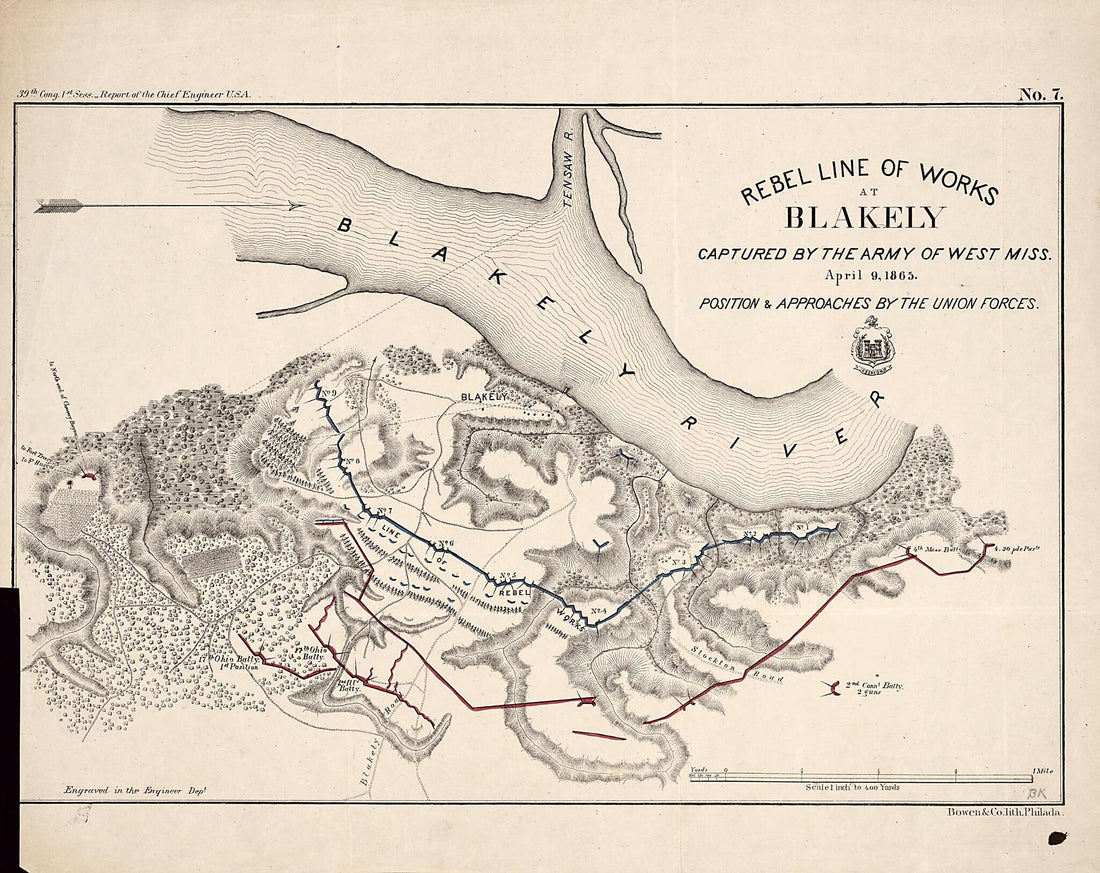 This old map of Rebel Line of Works at Blakely : Captured by the Army of West Mississippi, April 9, from 1865 Position &amp; Approaches by the Union Forces was created by  United States. Army. Corps of Engineers in 1865