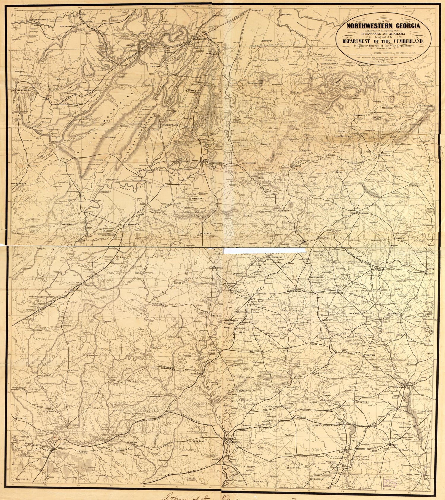 This old map of Northwestern Georgia (with Portions of the Adjoining States of Tennessee and Alabama) Being Part of the Department of the Cumberland from 1864 was created by Denis Callahan,  United States. War Department. Engineer Bureau in 1864