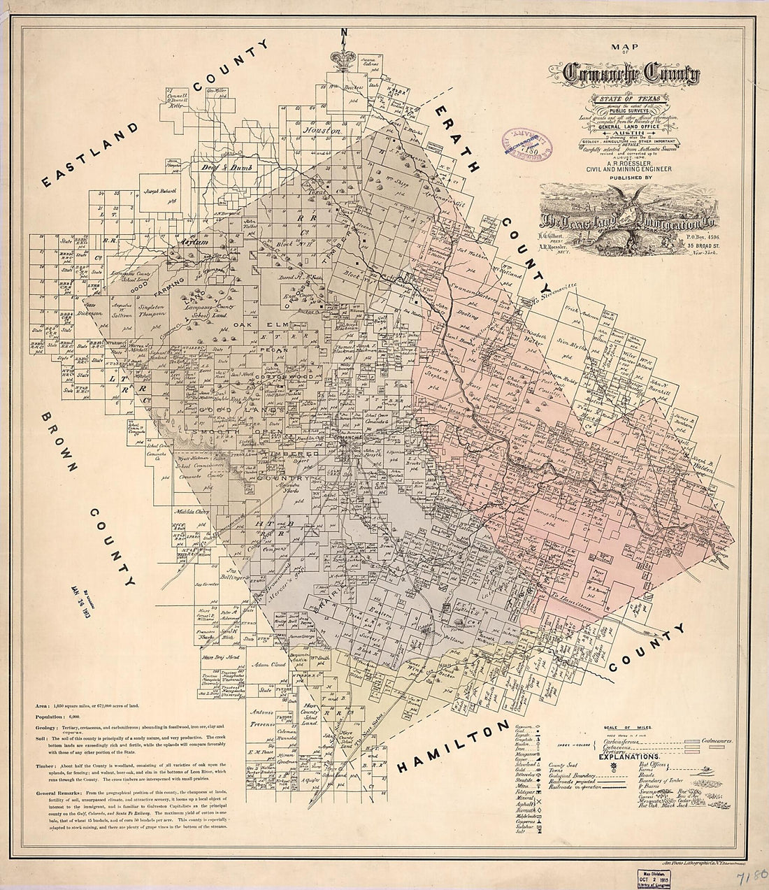 This old map of Map of Comanche County : State of Texas Showing the Extent of All Public Surveys, Land Grants and All Other Official Information, Compiled from the Records of the General Land Office at Austin, Showing Also the Geology, Agriculture and Ot