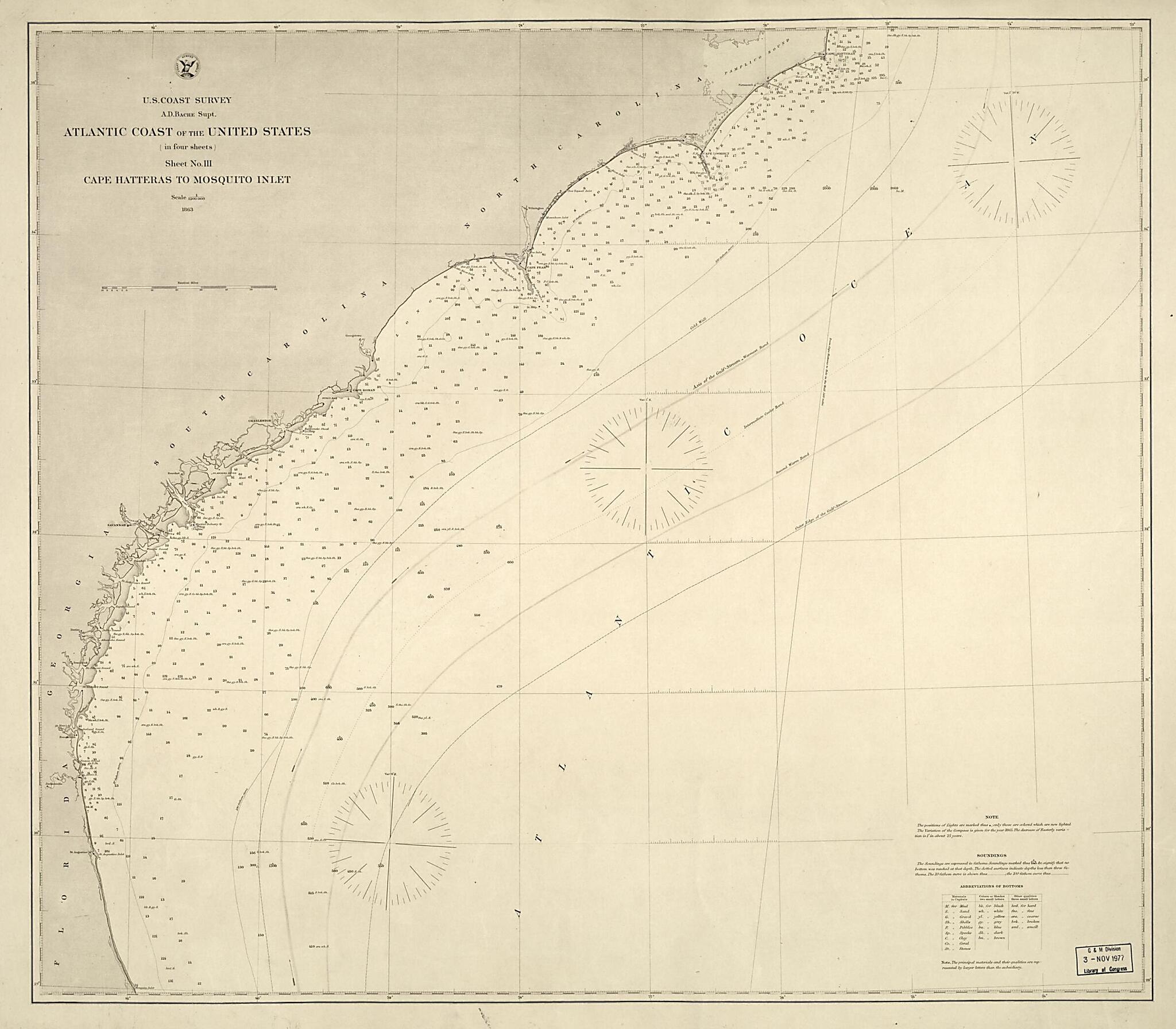This old map of Atlantic Coast of the United States (in Four Sheets) : Sheet No. III, Cape Hatteras to Mosquito Inlet from 1863 was created by A. D. (Alexander Dallas) Bache,  United States Coast Survey in 1863