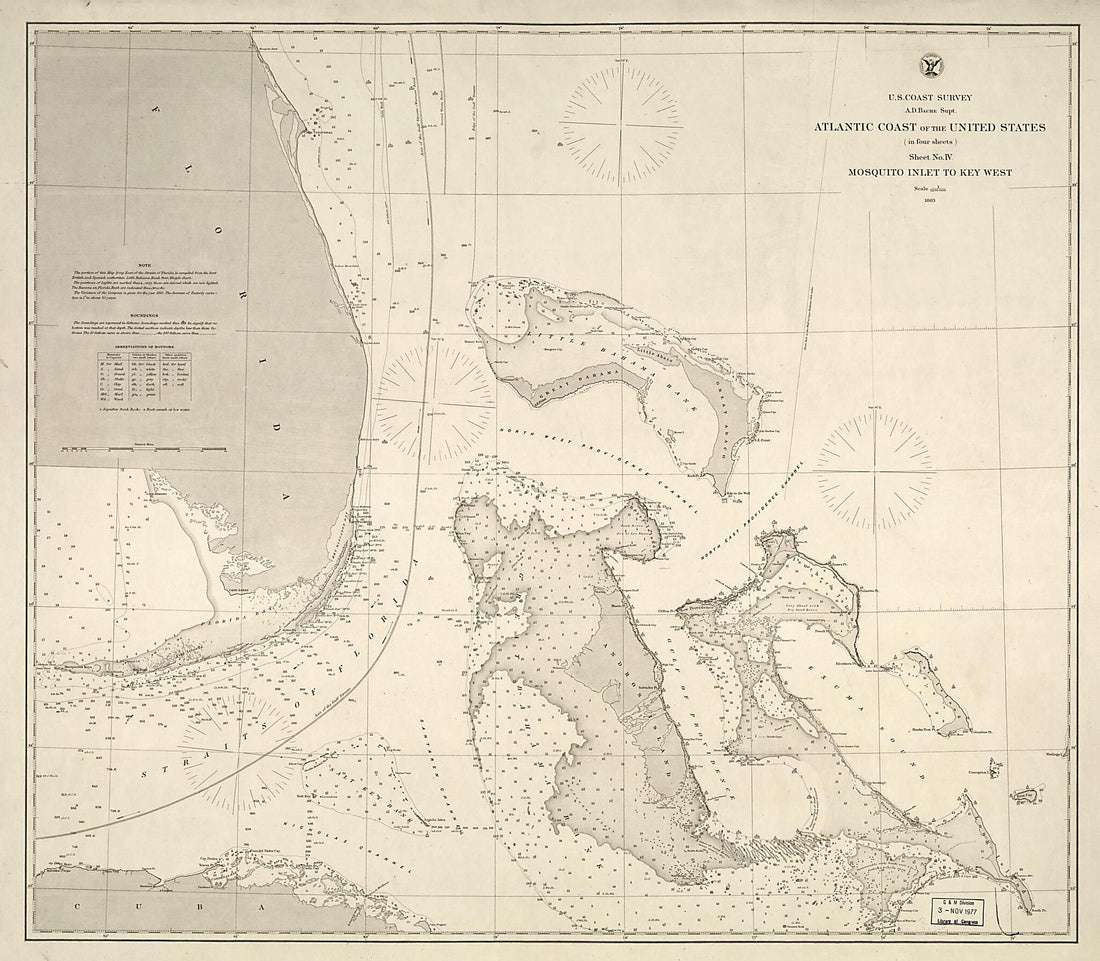 This old map of Atlantic Coast of the United States (in Four Sheets) : Sheet No. IV, Mosquito Inlet to Key West from 1863 was created by A. D. (Alexander Dallas) Bache,  United States Coast Survey in 1863