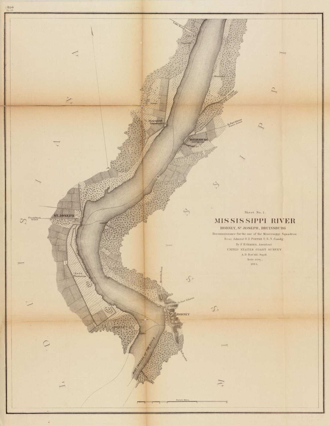 This old map of Mississippi River from 1864 was created by F. H. Gerdes in 1864