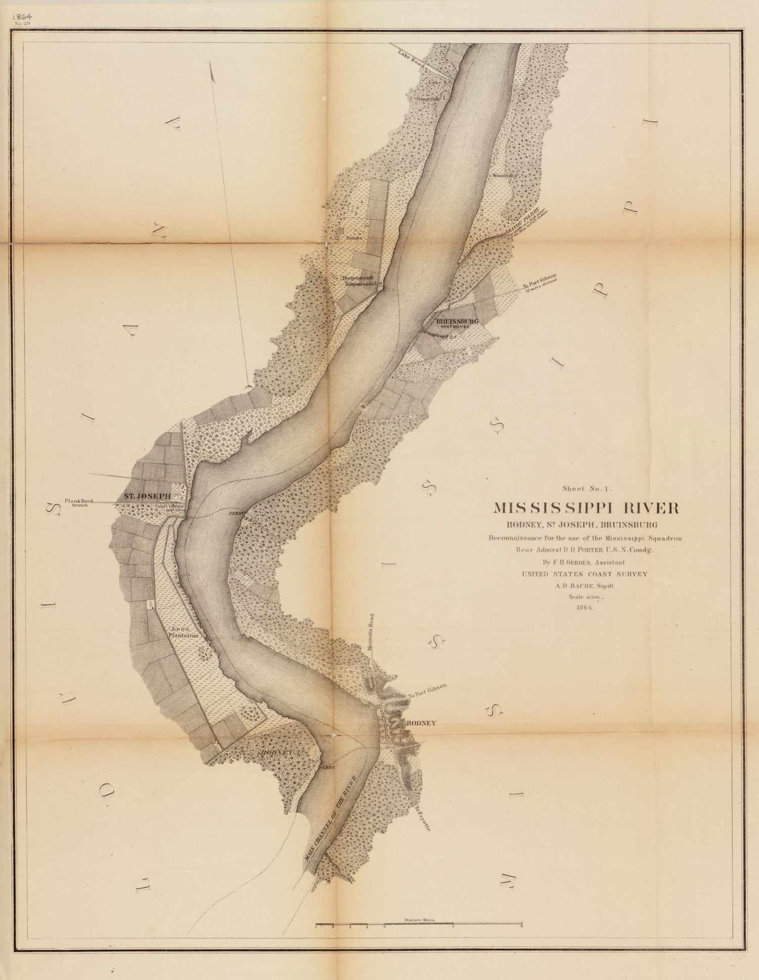 This old map of Mississippi River from 1864 was created by F. H. Gerdes in 1864