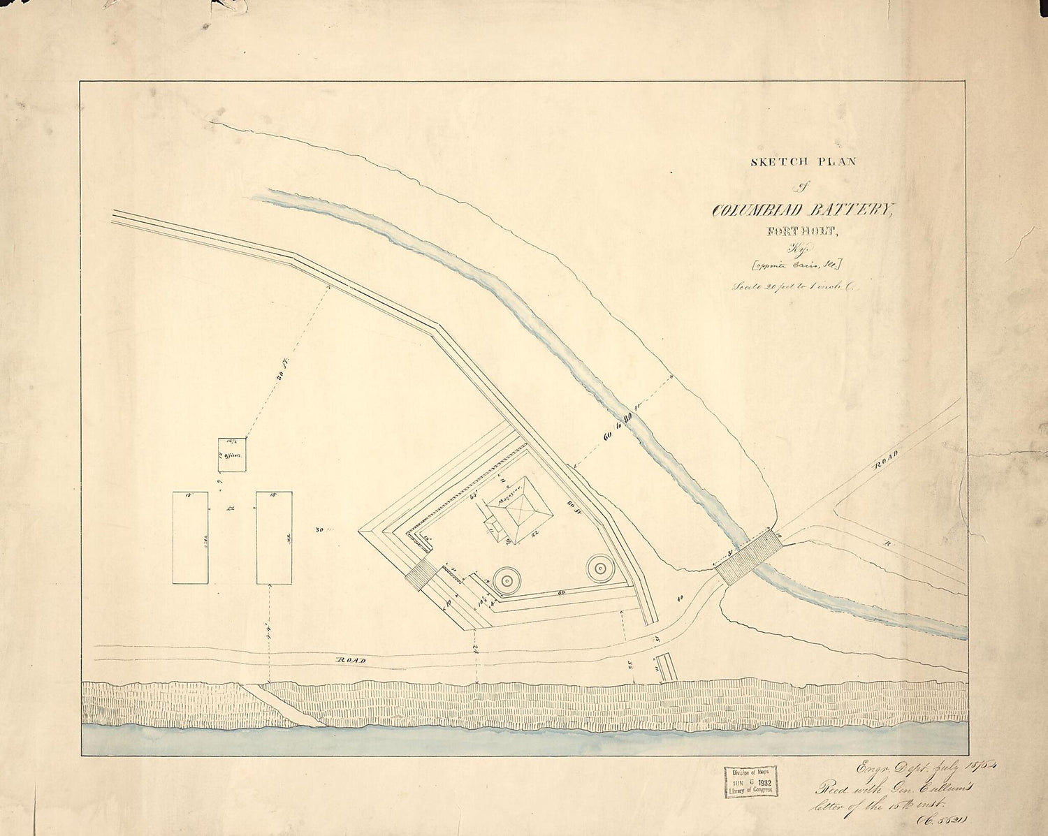 This old map of Sketch Plan of Columbiad Battery, Fort Holt, Ky. opposite Cairo, Ill. from 1860 was created by George W. (George Washington) Cullum in 1860