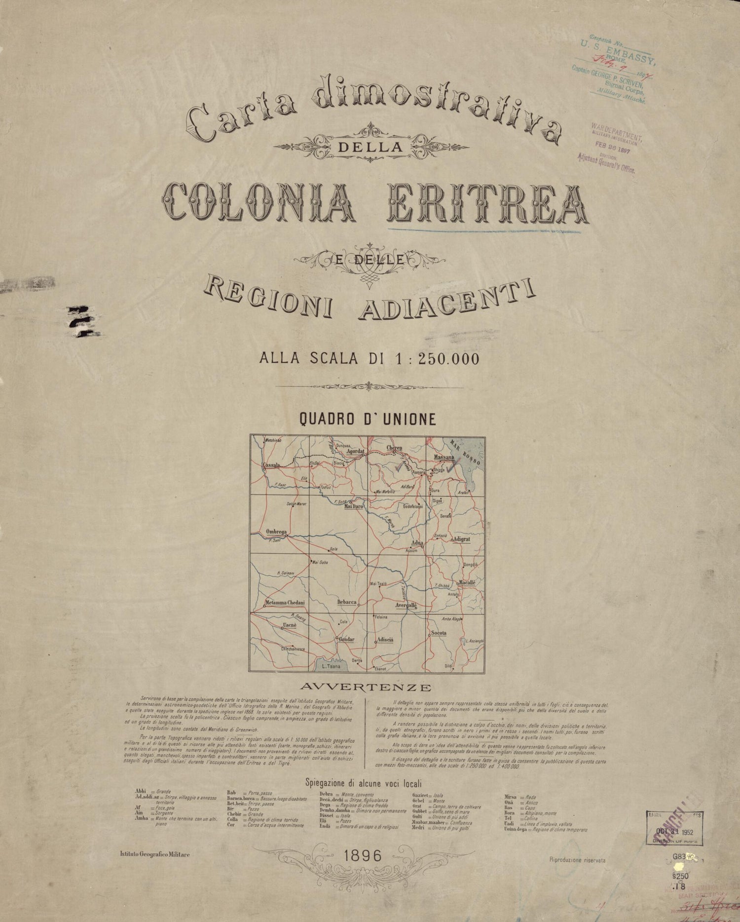This old map of Carta Dimostrativa Della Colonia Eritrea E Delle Regioni Adiacenti Alla Scala Di 1:250,000 from 1896 was created by  Istituto Geografico Militare (Italy) in 1896