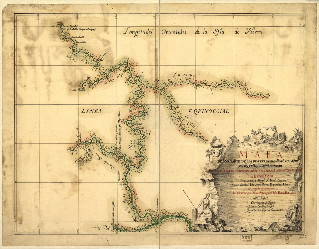 This old map of Mapa De Una Parte De Los Rios De Los Engaños O Commiari, Mesay, Cuñaré, Jauiyá Y Rufari : Los Quales, Unidos Todos, Entran Por Una Sola Boca En El Rio Yapurá from 1789 was created by Francisco Requena in 1789