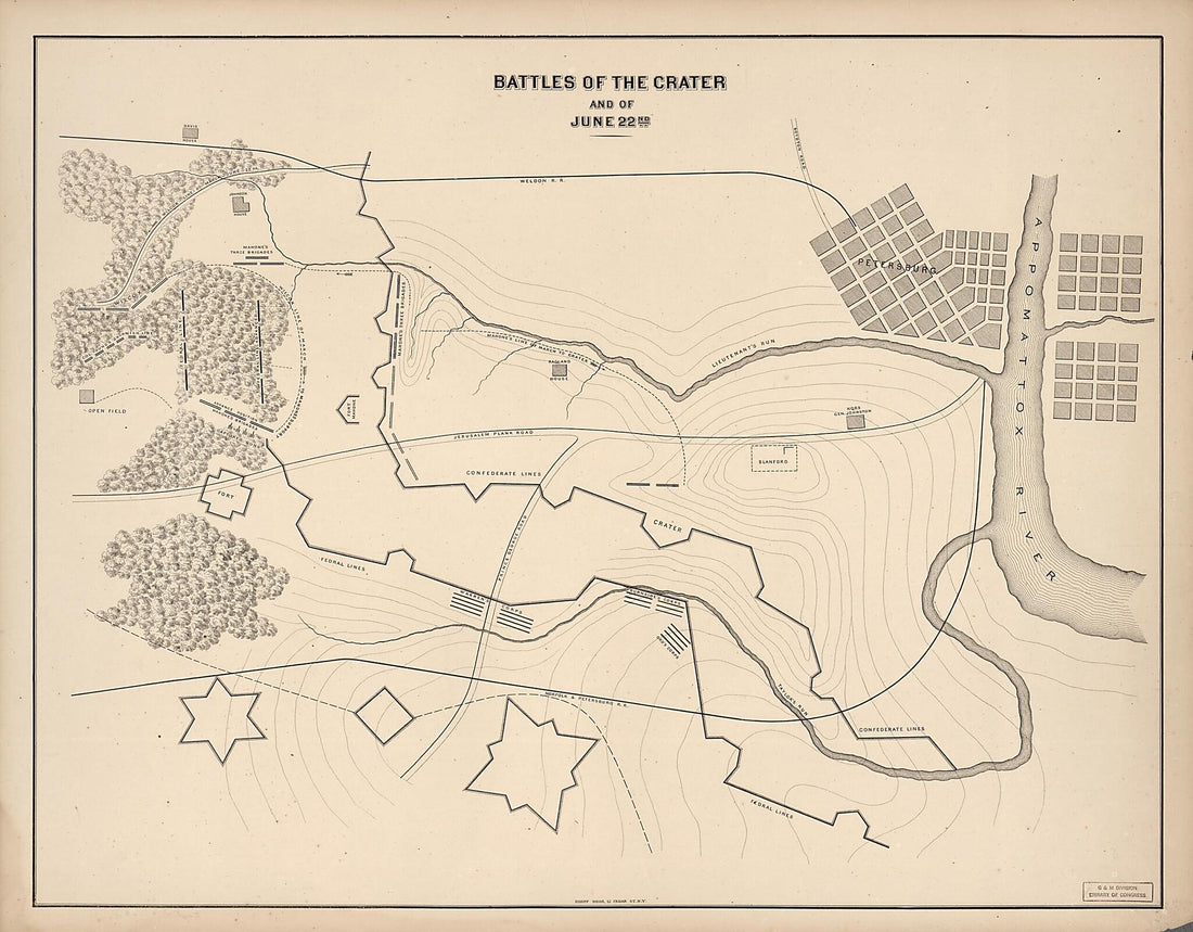 This old map of Battles of the Crater and of June 22nd from 1860 was created by  Korff Brothers in 1860